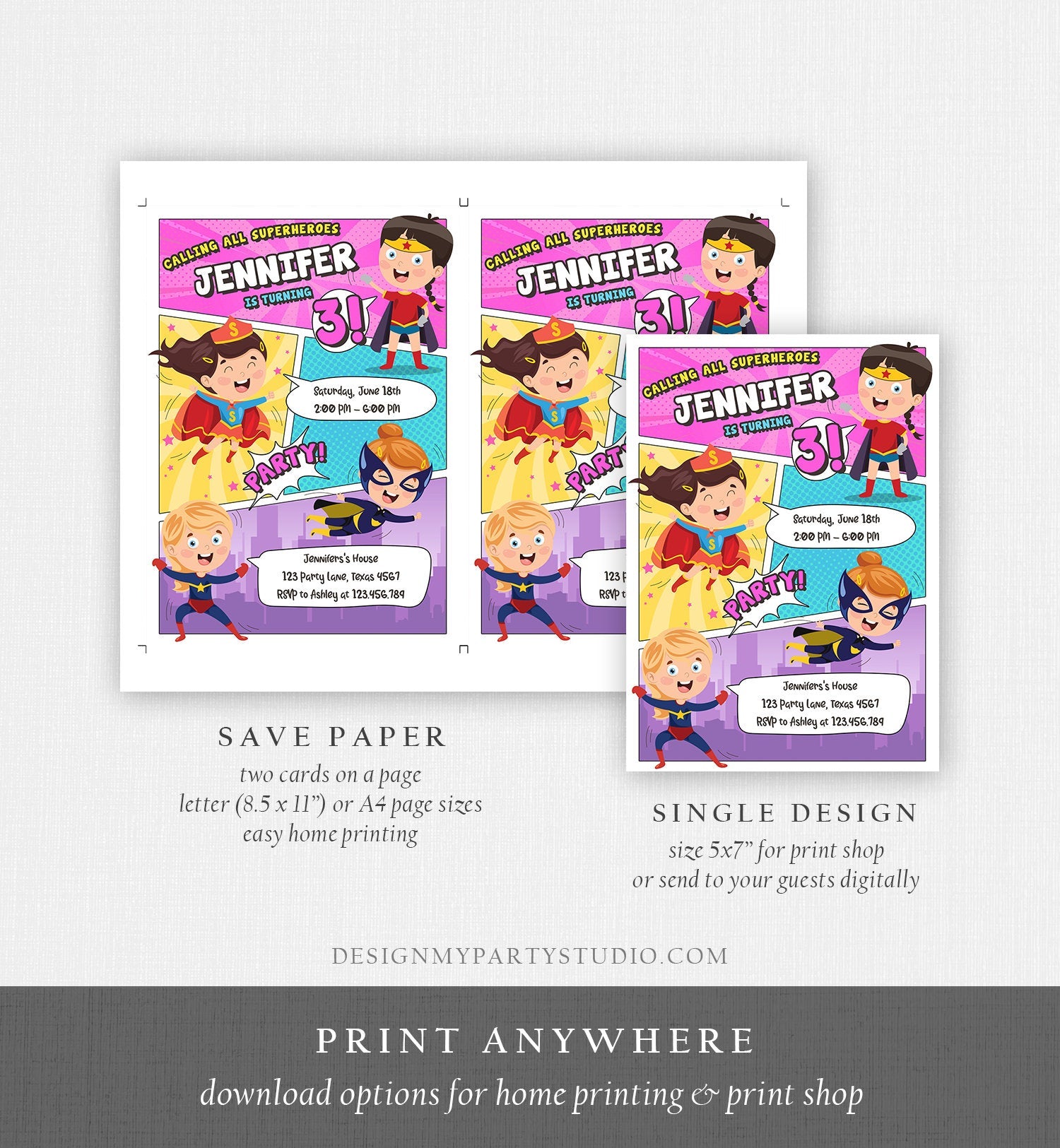 Editable Superheroes Birthday Invitation Comic Book Action Superhero Super Girl Party DC Digital Download Corjl Template Printable 0383