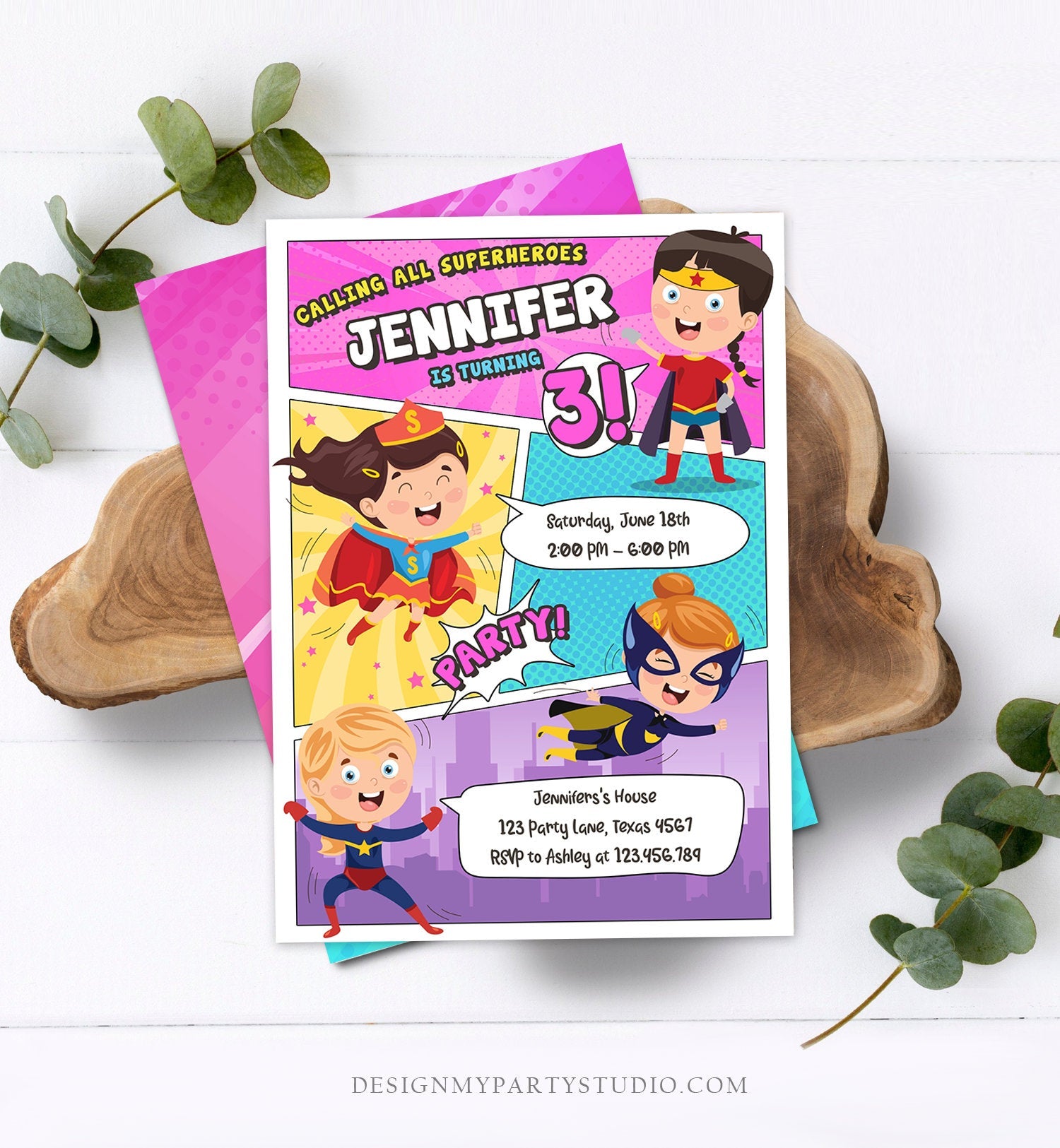 Editable Superheroes Birthday Invitation Comic Book Action Superhero Super Girl Party DC Digital Download Corjl Template Printable 0383