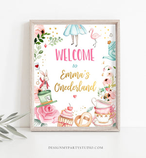 Editable Alice in Wonderland Welcome Sign Alice in Onederland Birthday Sign Girl Pink Mad Tea Party Shower Template Corjl PRINTABLE 0350