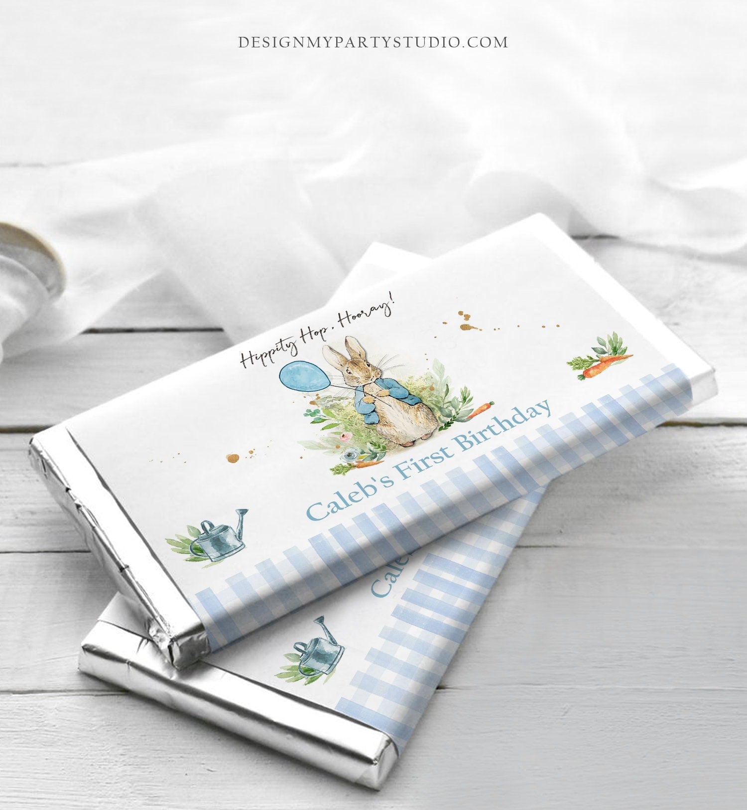 Editable Peter Rabbit Chocolate Bar Labels Candy Bar Wrapper Bunny Birthday Boy Rustic Blue Greenery Download Corjl Template Printable 0351