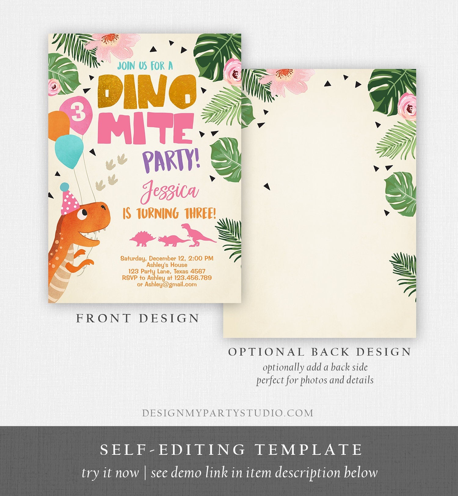 Editable Gold Dinosaur Birthday Invitation ANY AGE Dino Party T-Rex Prehistoric Rawr Girl Pink Gold Download Printable Corjl Template 0074