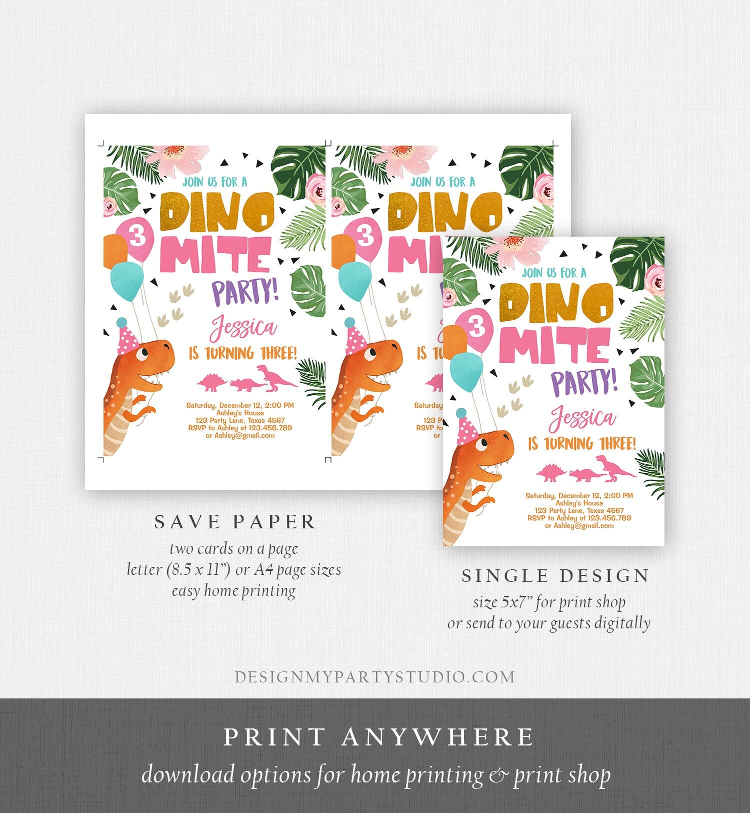 Editable Gold Dinosaur Birthday Invitation ANY AGE Dino Party T-Rex Prehistoric Rawr Girl Pink Gold Download Printable Corjl Template 0074