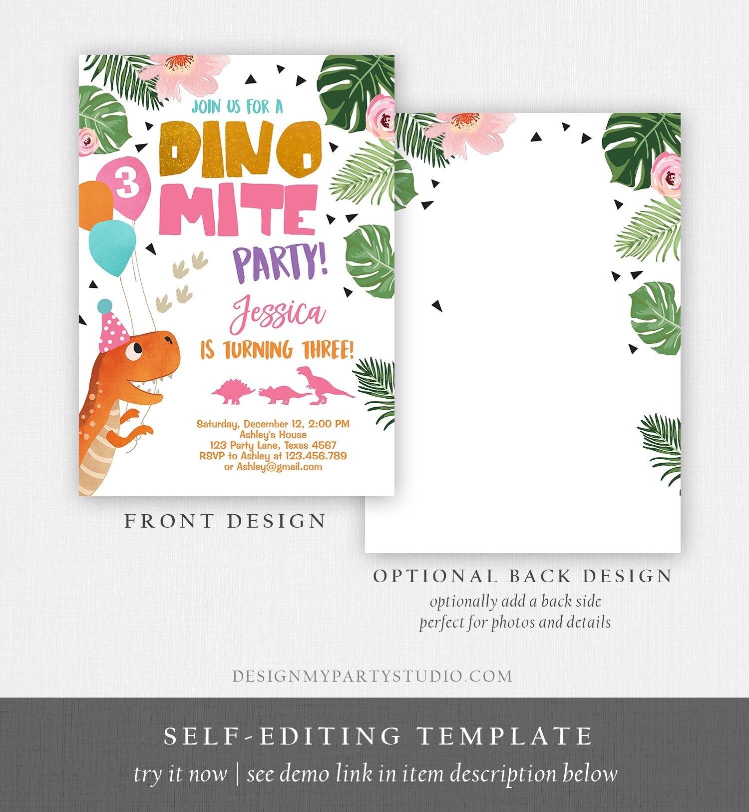 Editable Gold Dinosaur Birthday Invitation ANY AGE Dino Party T-Rex Prehistoric Rawr Girl Pink Gold Download Printable Corjl Template 0074