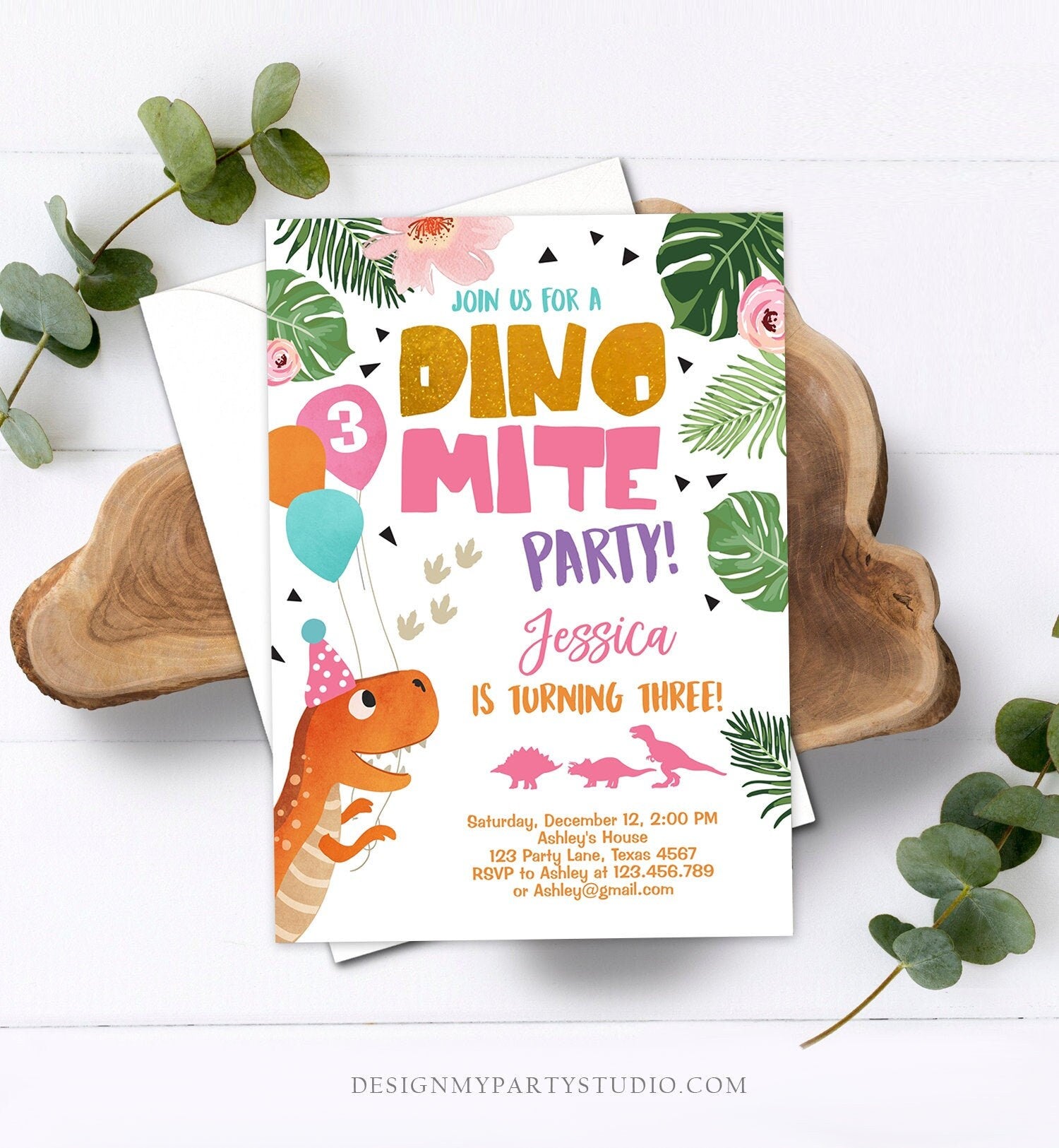 Editable Gold Dinosaur Birthday Invitation ANY AGE Dino Party T-Rex Prehistoric Rawr Girl Pink Gold Download Printable Corjl Template 0074