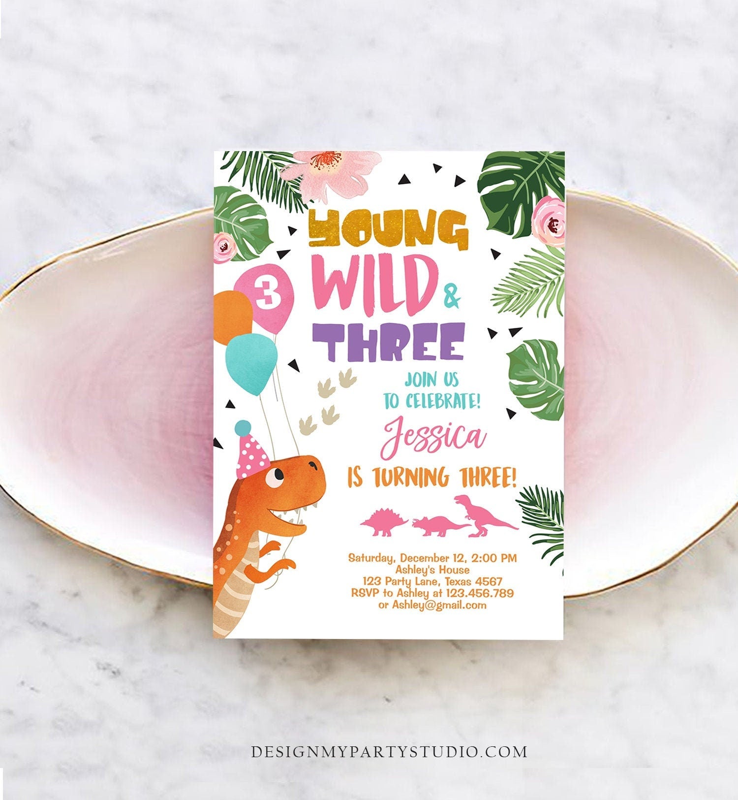 Editable Young Wild and Three Dinosaur Birthday Invitation Dinosaur Party Girl Pink Gold Third Birthday 3rd Corjl Template Digital 0074