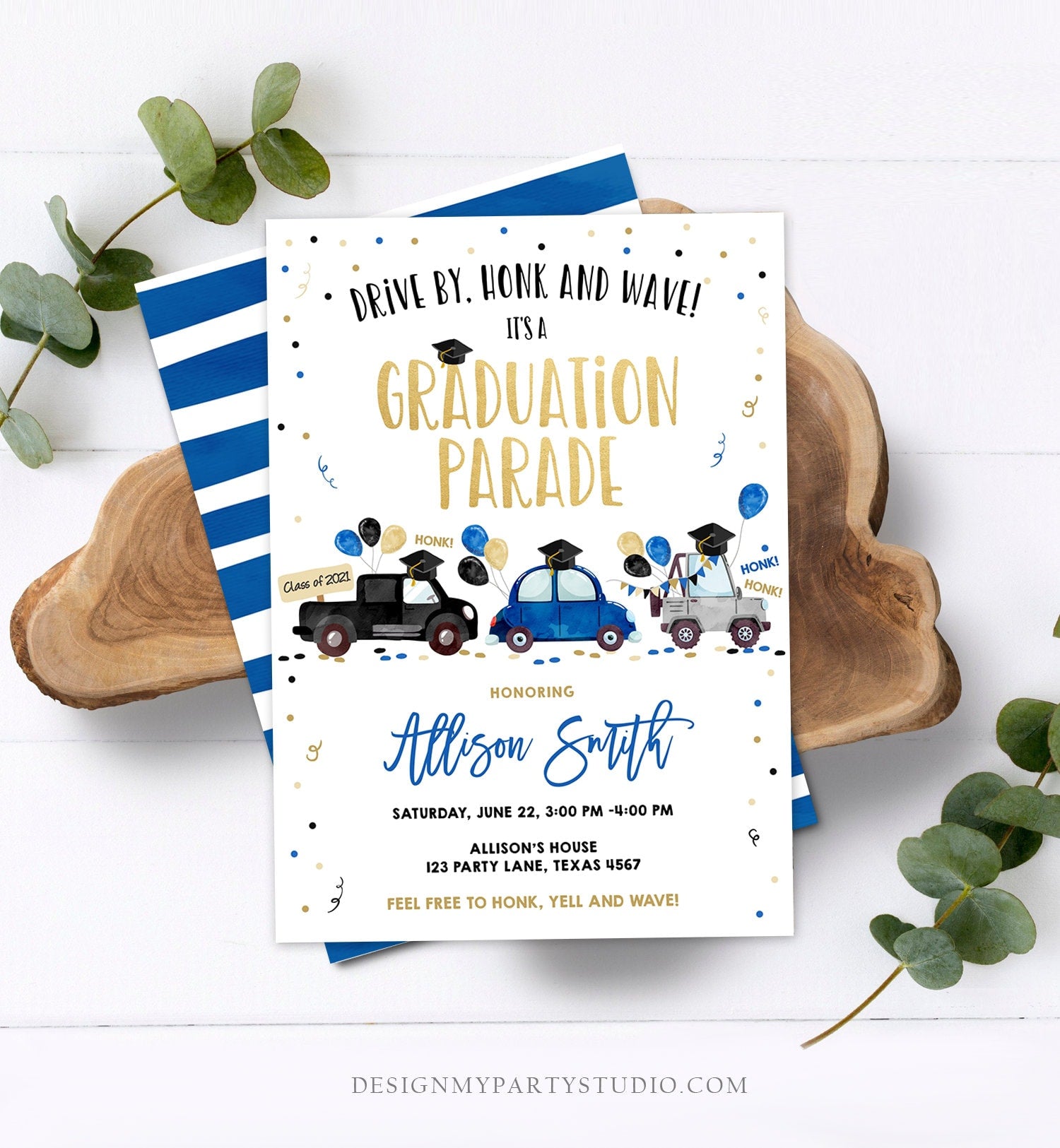 Editable Drive By Graduation Parade Invitation Virtual Party Navy Blue Girl Boy Graduate High School Grad Class 2021 Digital Corjl 0337