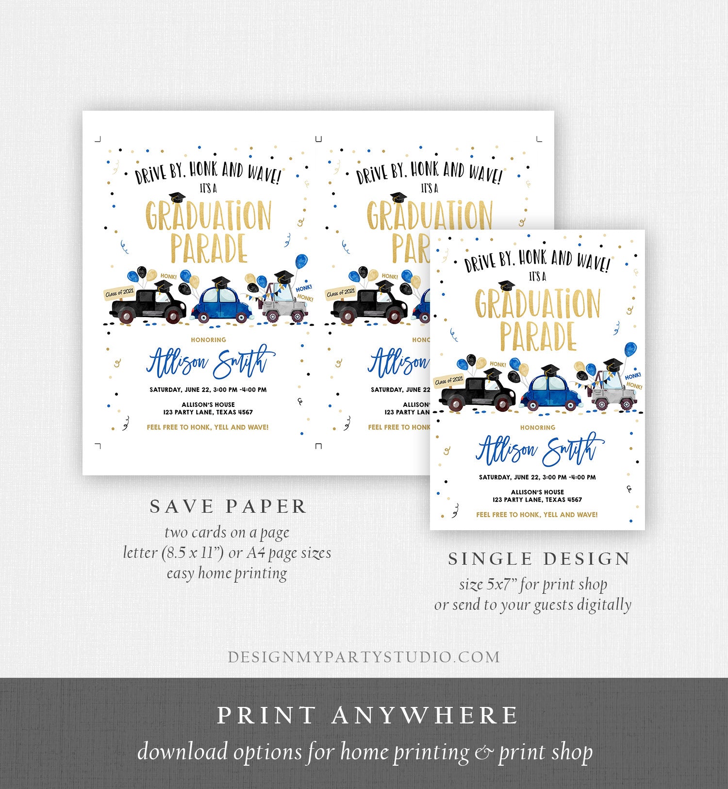 Editable Drive By Graduation Parade Invitation Virtual Party Navy Blue Girl Boy Graduate High School Grad Class 2021 Digital Corjl 0337