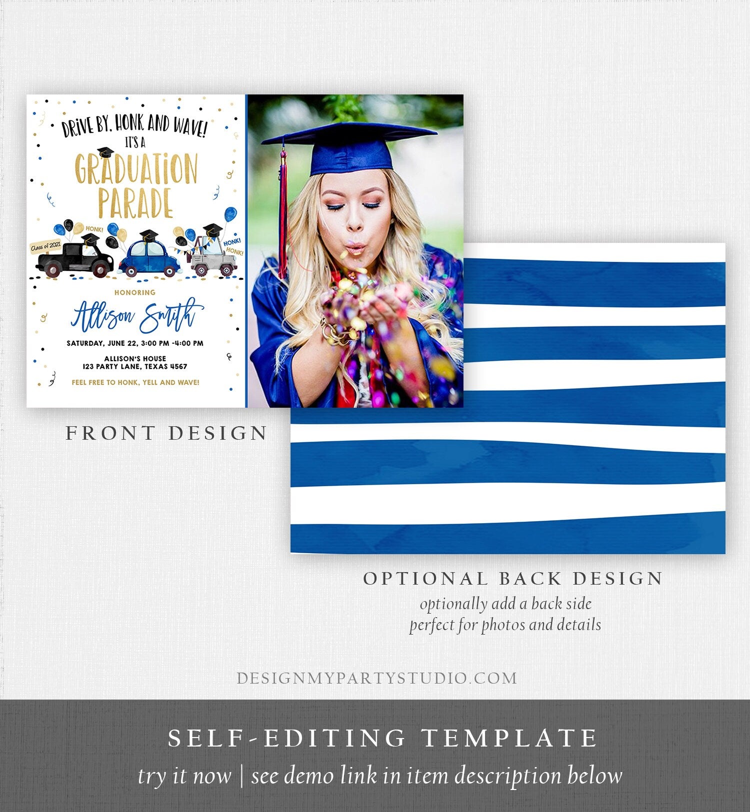 Editable Drive By Graduation Parade Invitation Virtual Party Navy Blue Girl Boy Graduate High School Grad Class 2021 Digital Corjl 0337