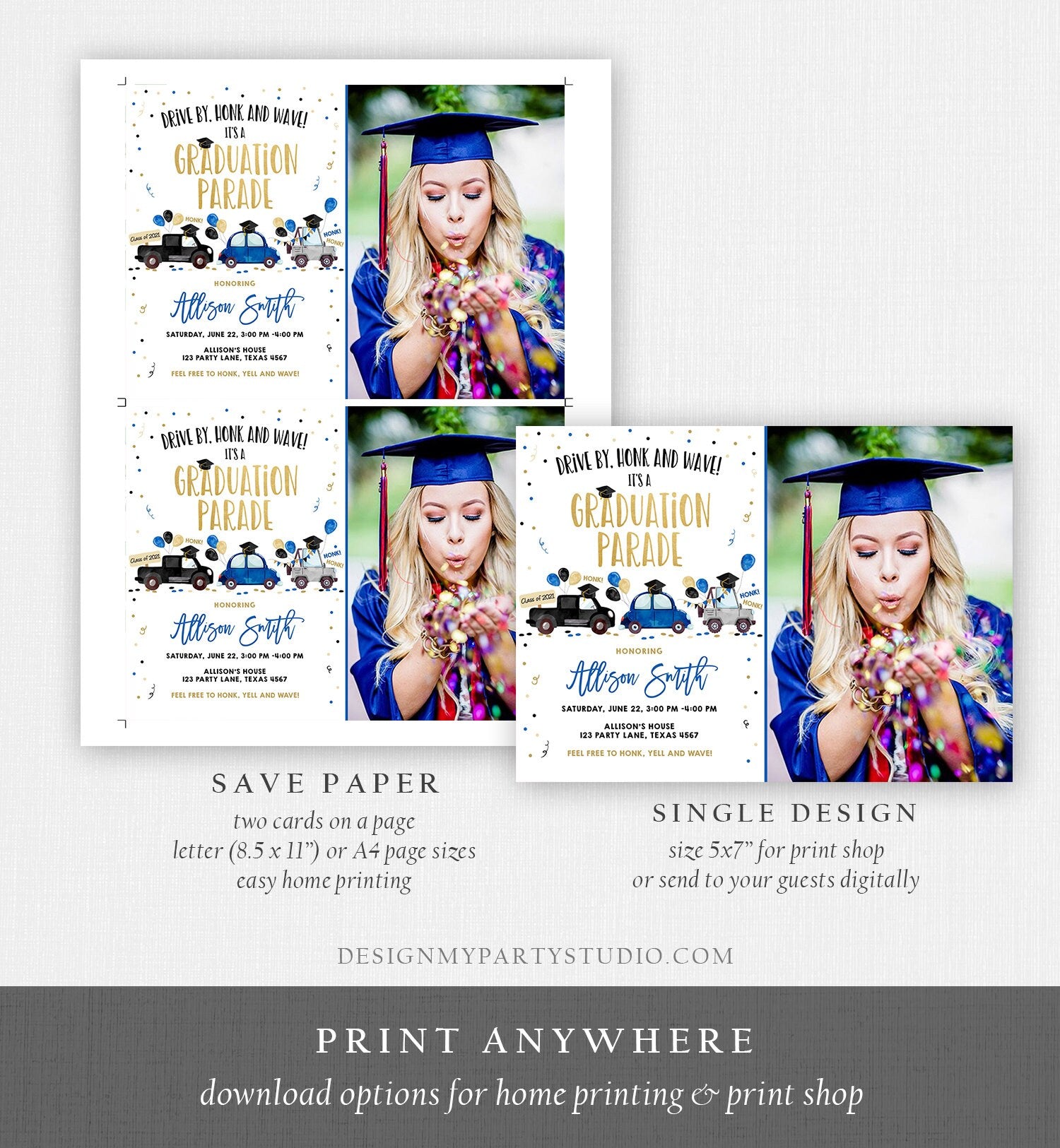 Editable Drive By Graduation Parade Invitation Virtual Party Navy Blue Girl Boy Graduate High School Grad Class 2021 Digital Corjl 0337