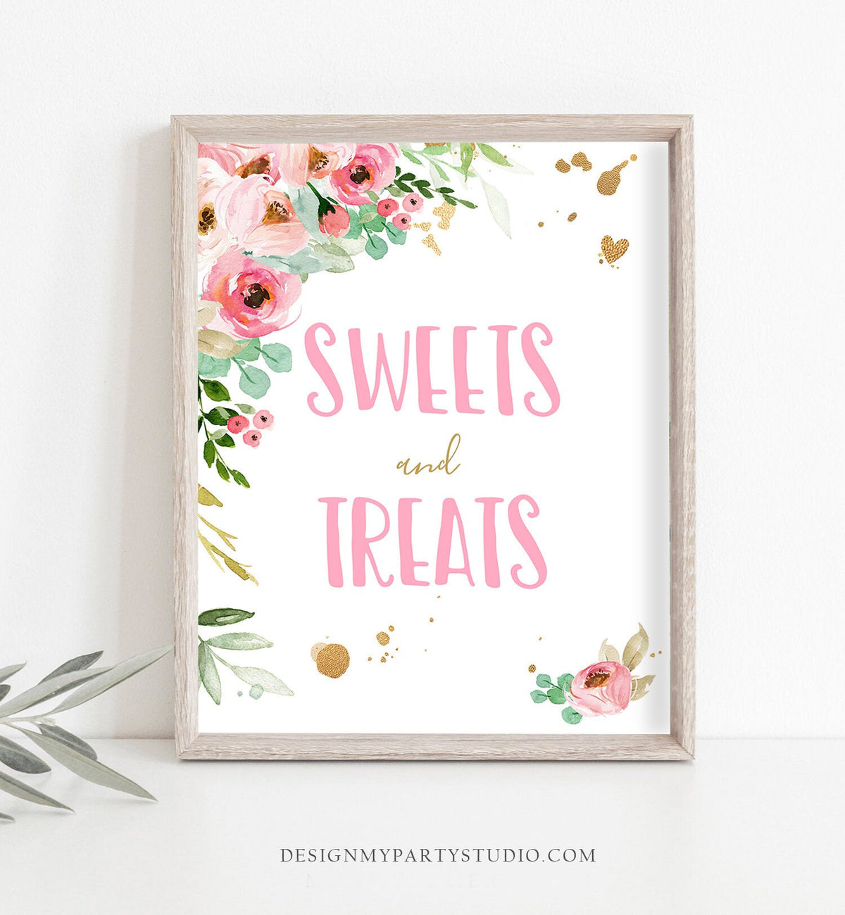 Sweets &amp; Treats Sign Birthday Party Sign Flowers Blush Pink Gold Coral Desserts Table Sign Decorations Boho Instant Download PRINTABLE 0147