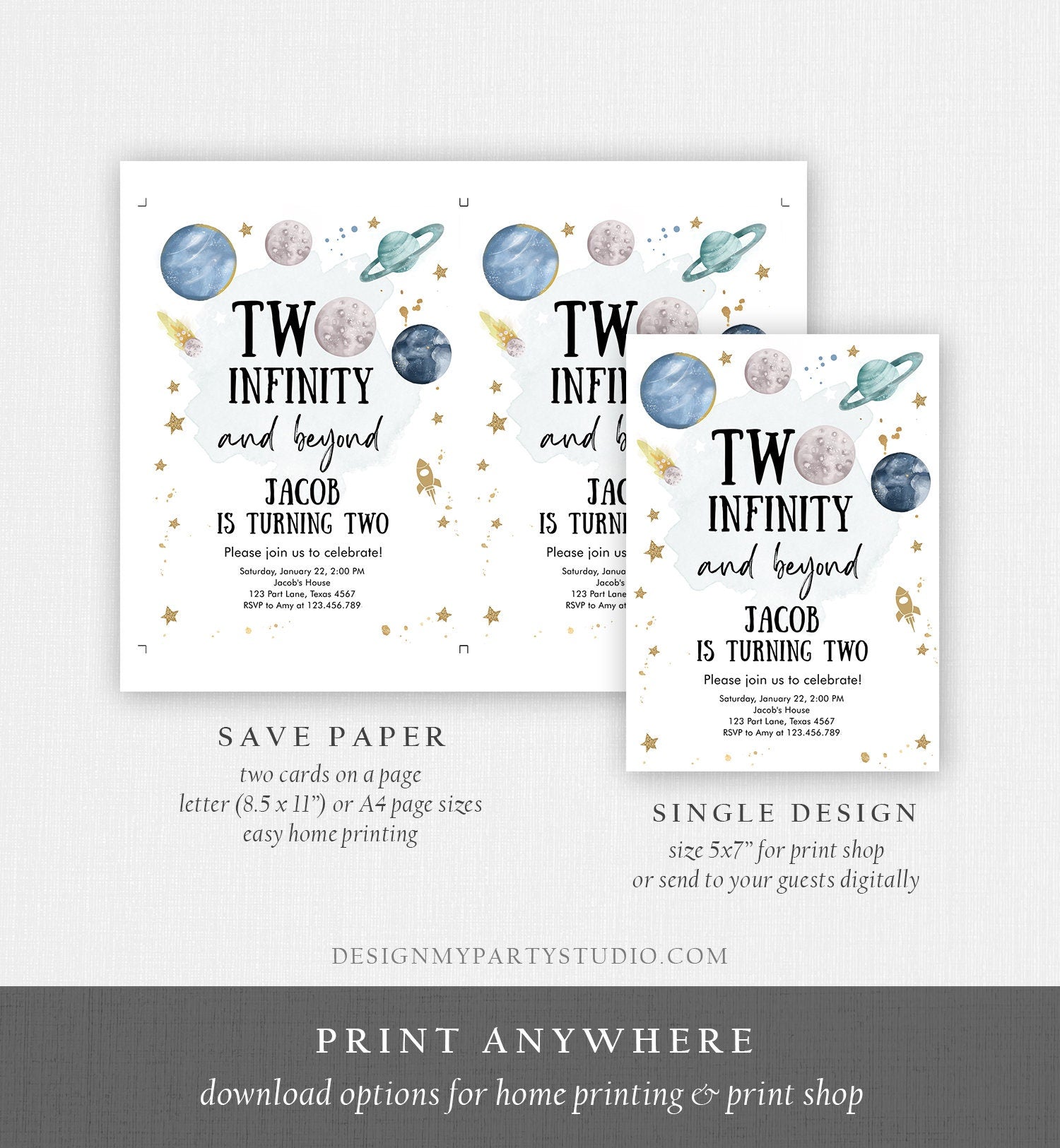 Editable Outer Space Birthday Invitation Two Infinity and Beyond Birthday Astronaut Planets Download Printable Template Digital Corjl 0357