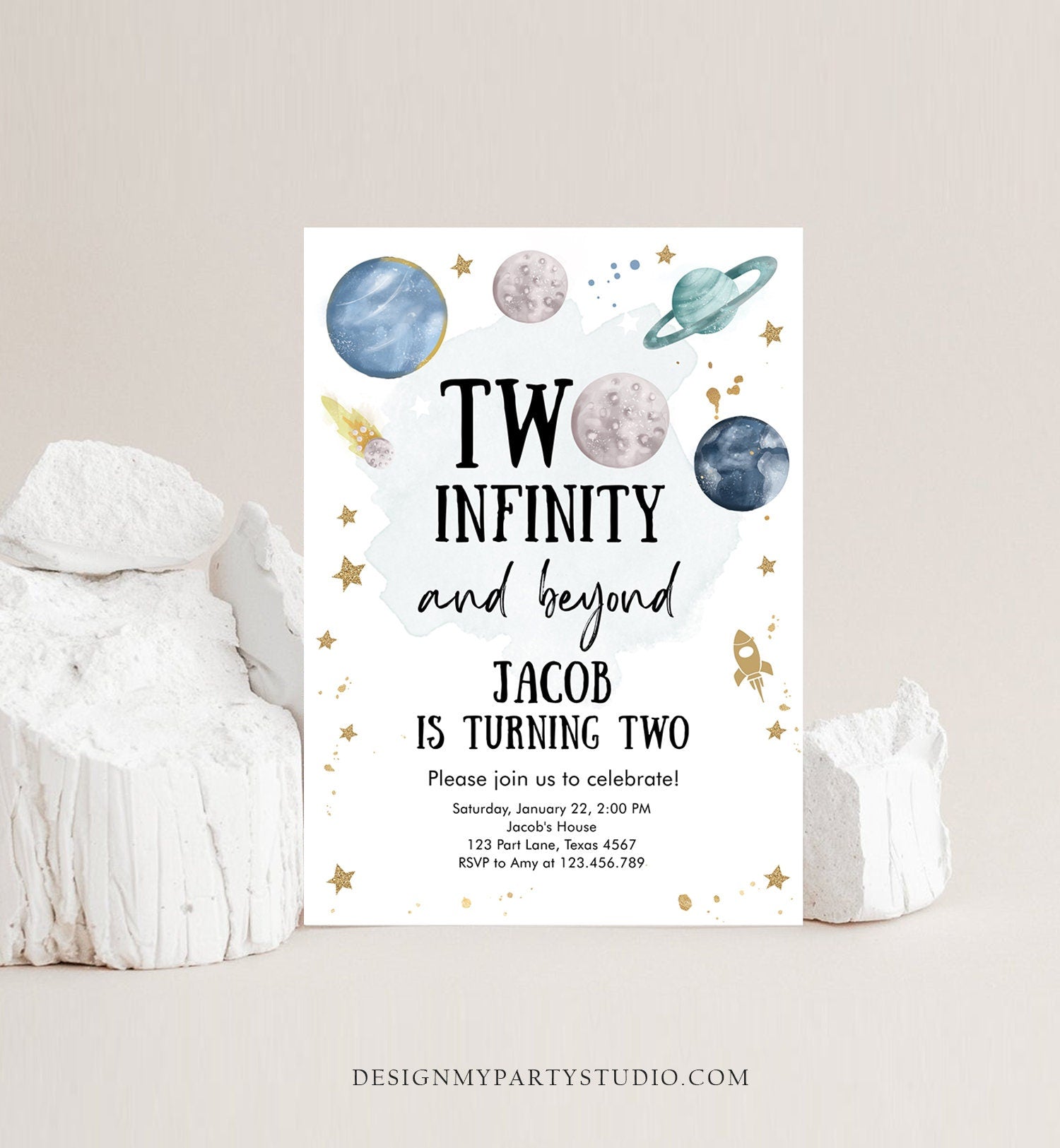 Editable Outer Space Birthday Invitation Two Infinity and Beyond Birthday Astronaut Planets Download Printable Template Digital Corjl 0357