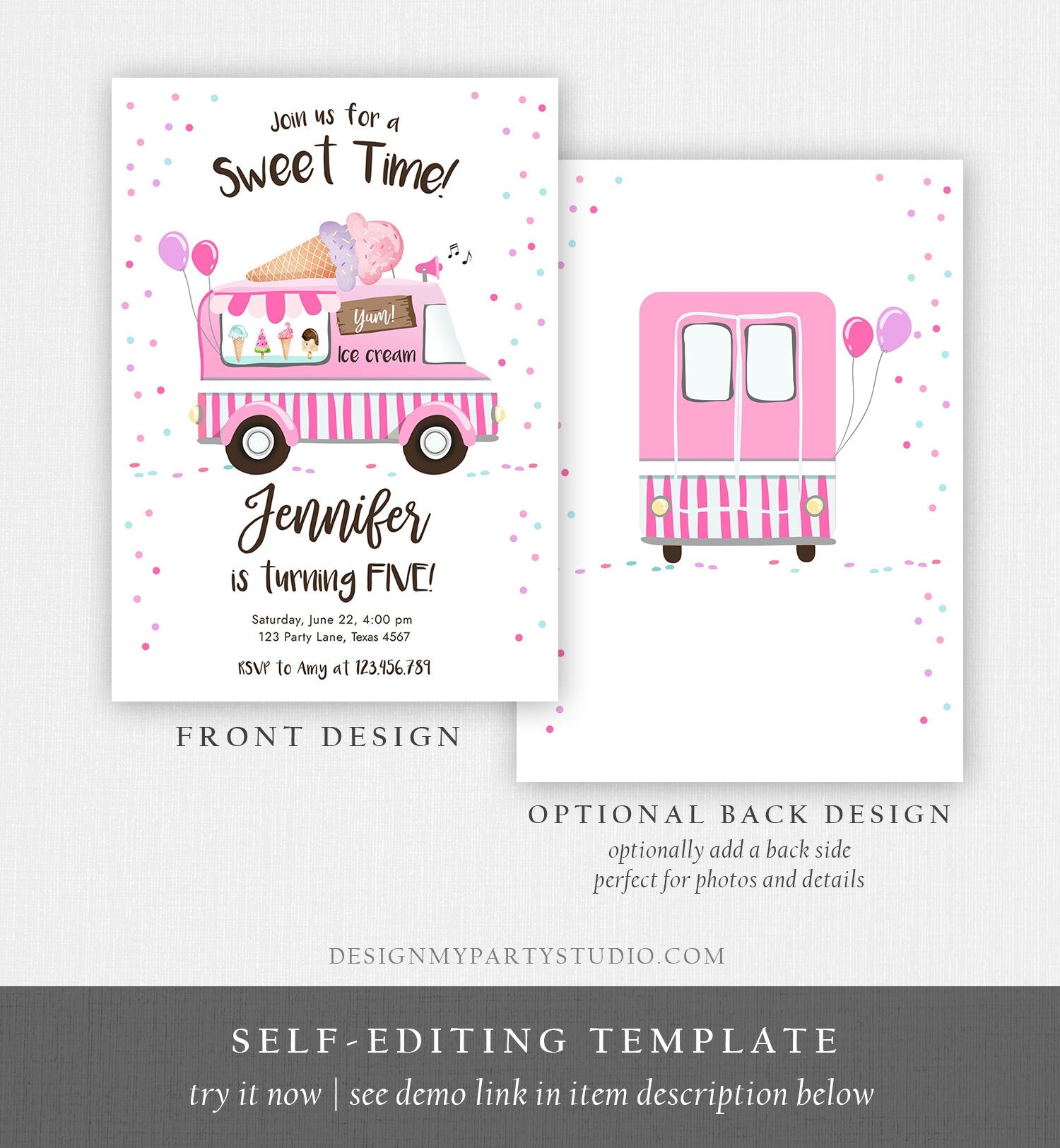 Editable Ice Cream Truck Birthday Invitation Ice Cream Birthday Party Cone Girl Pink Truck Sweet Summer Twin Corjl Template Printable 0243