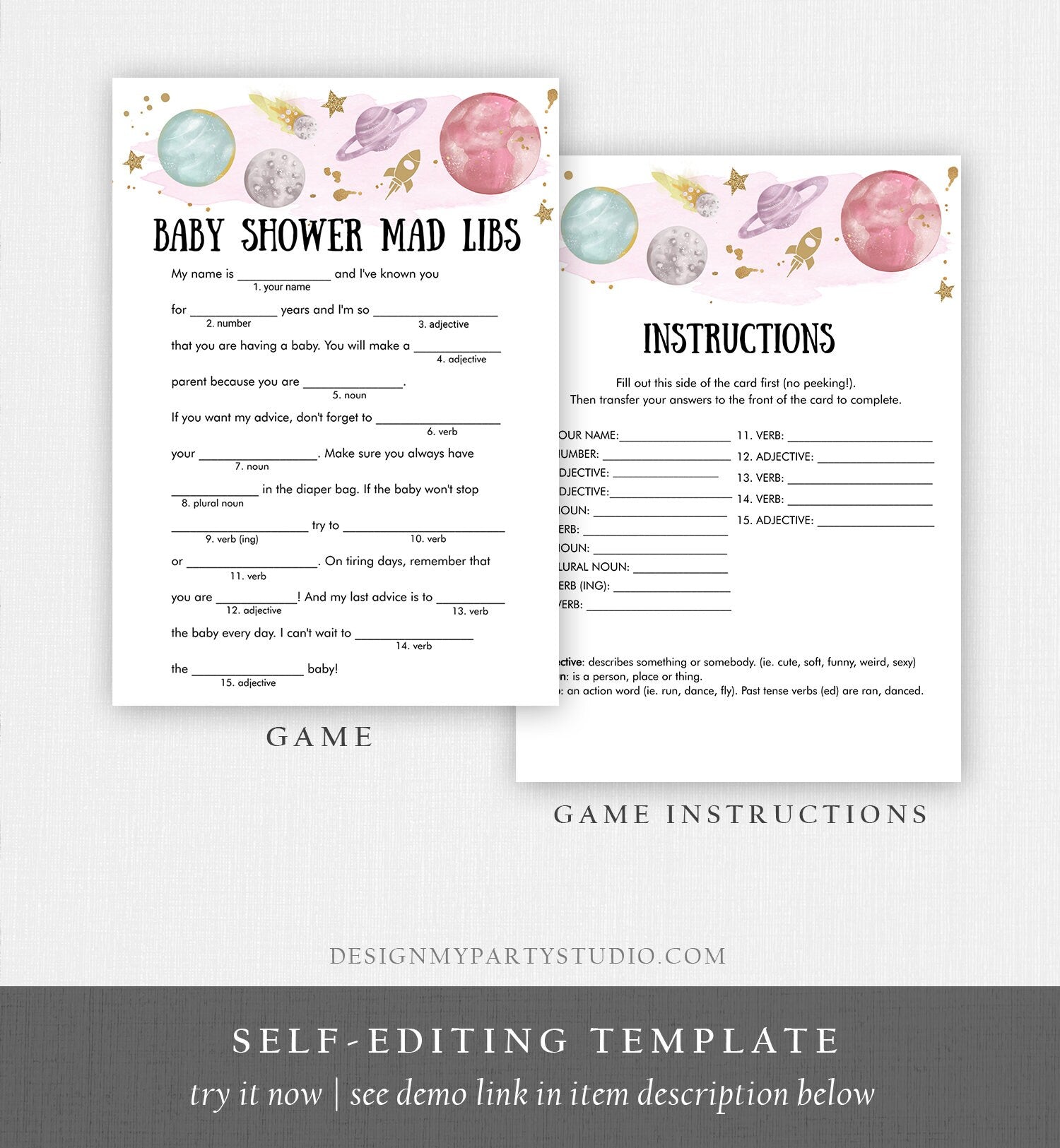 Editable Mad Libs Baby Shower Game Advice for Mom Outer Space Planets Houston We Have Girl Rocket Activity Corjl Template Printable 0357