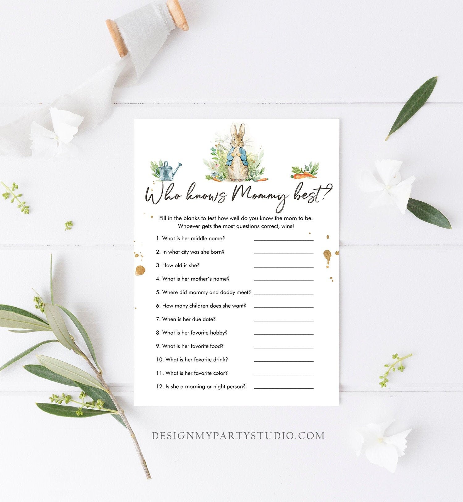 Editable Who Knows Mommy Best Baby Shower Game Greenery Peter Rabbit Baby Shower Bunny Shower Rustic Spring Corjl Template Printable 0351