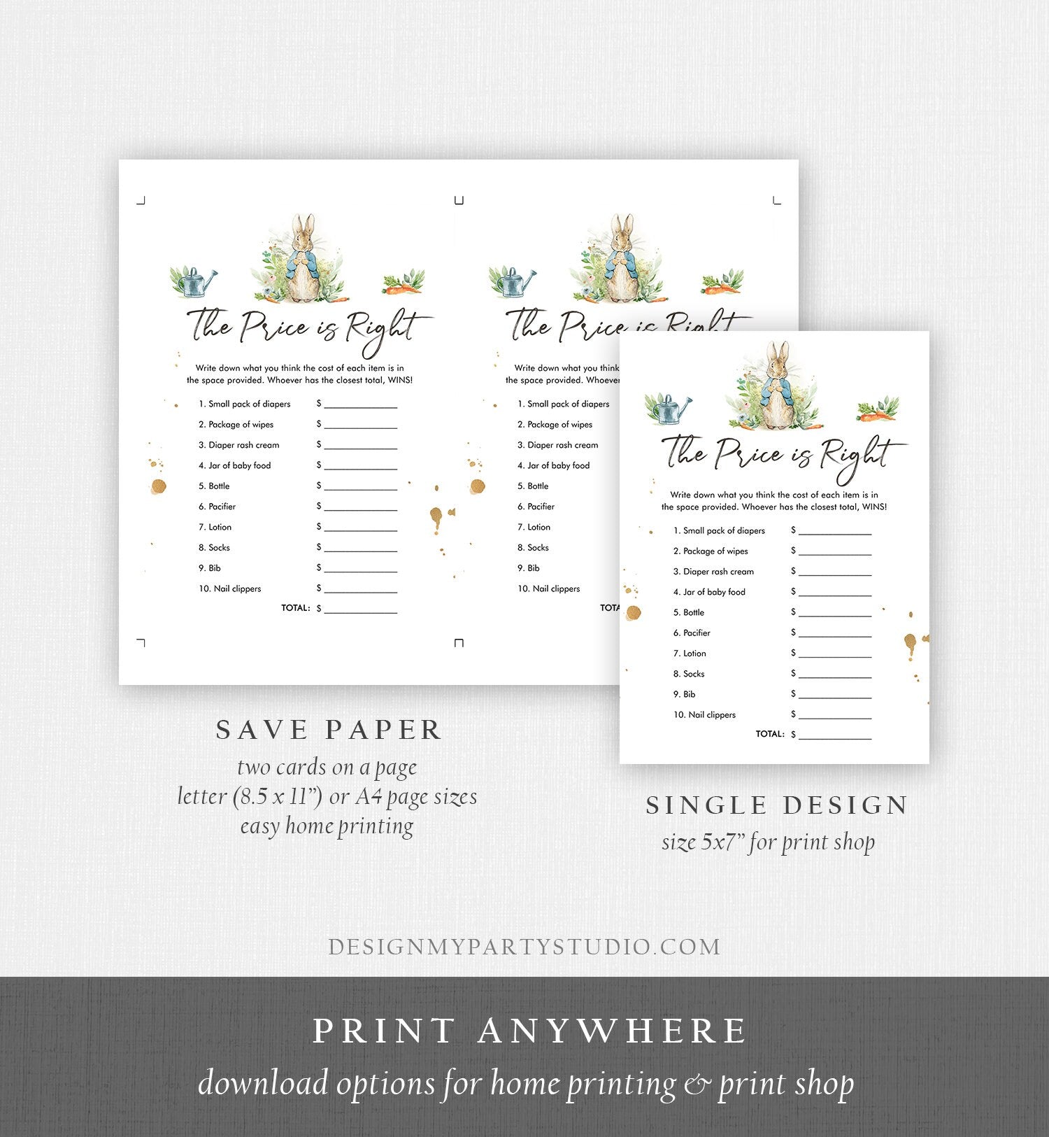 Editable The Price is Right Baby Shower Game Greenery Peter Rabbit Shower Bunny Baby Shower Spring Boy Rustic Corjl Template Printable 0351