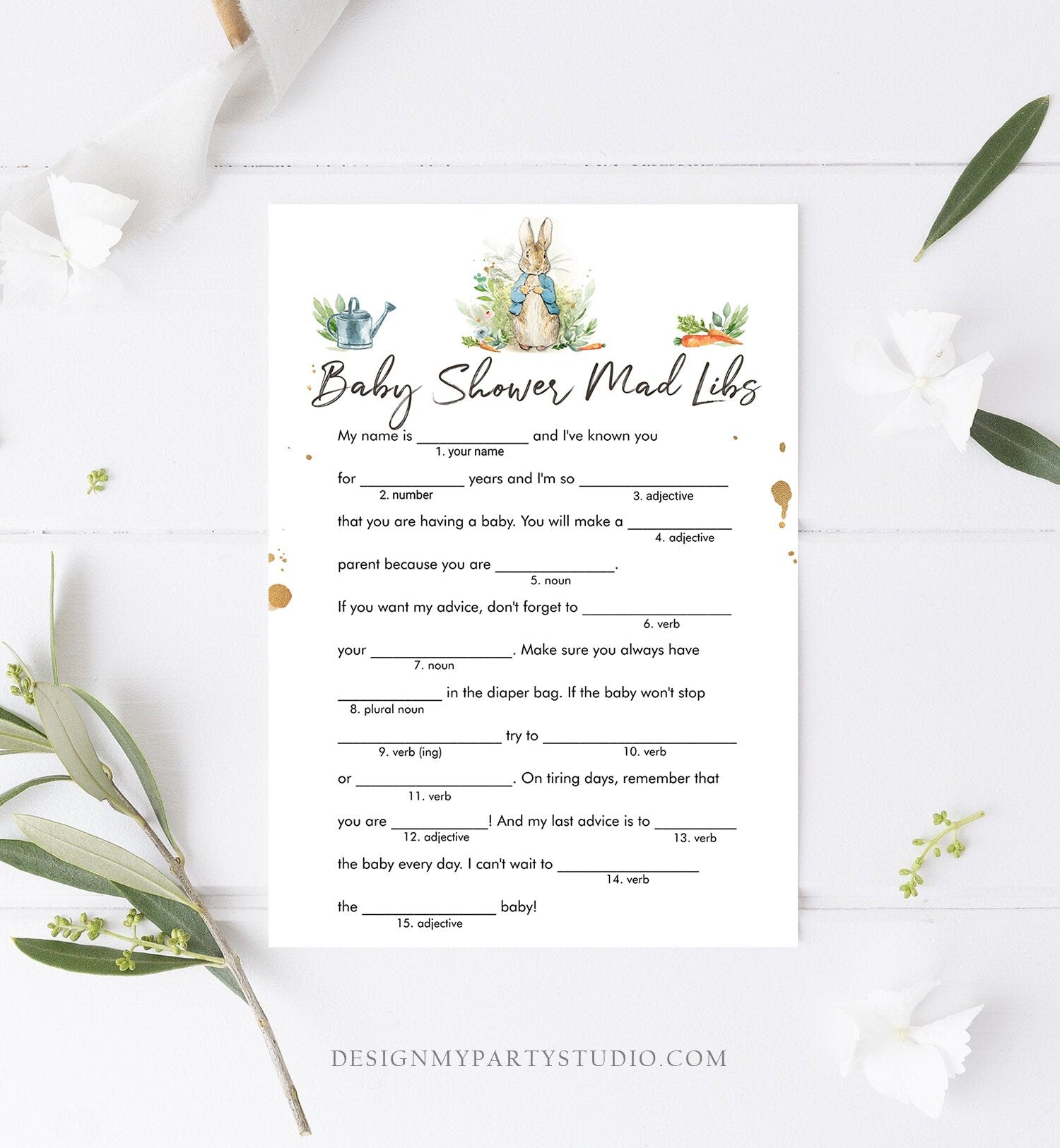 Editable Mad Libs Baby Shower Game Greenery Advice Mom to Be Peter Rabbit Baby Shower Bunny Spring Boy Rustic Corjl Template Printable 0351