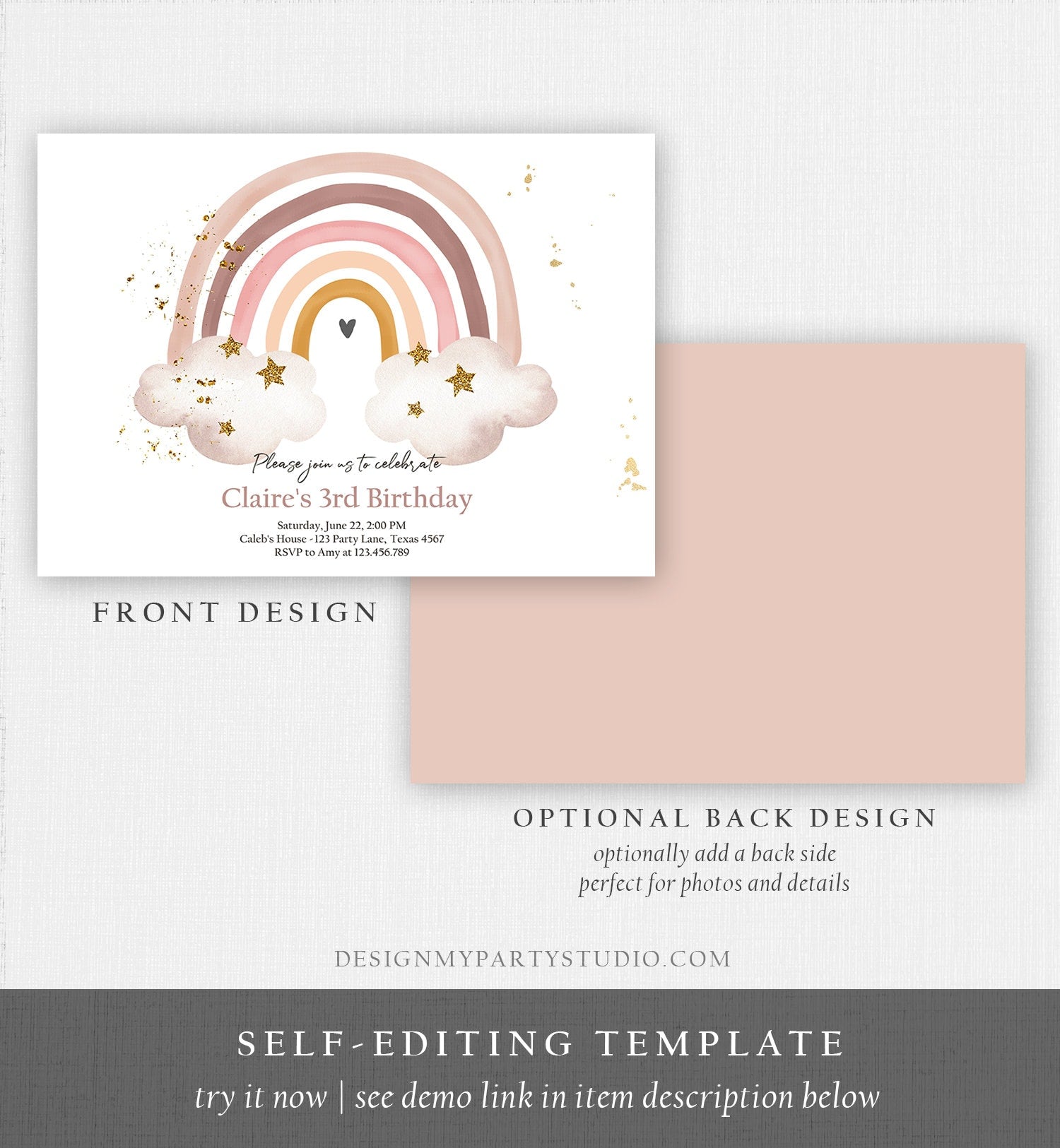 Editable Rainbow Birthday Invitation Boho Rainbow Invite Pastel 1st Birthday Girls Birthday Party Printable Download Corjl Template 0387