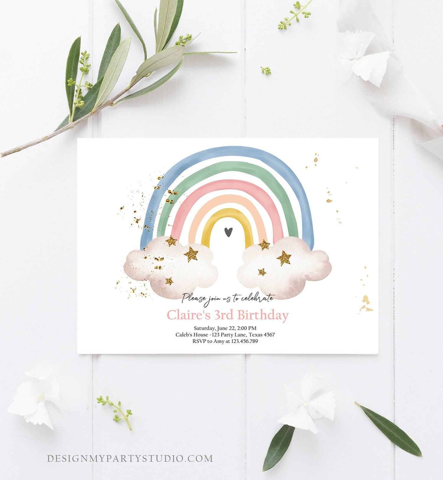 Editable Rainbow Birthday Invitation Boho Rainbow Invite Pastel 1st Birthday Girls Birthday Party Printable Download Corjl Template 0387