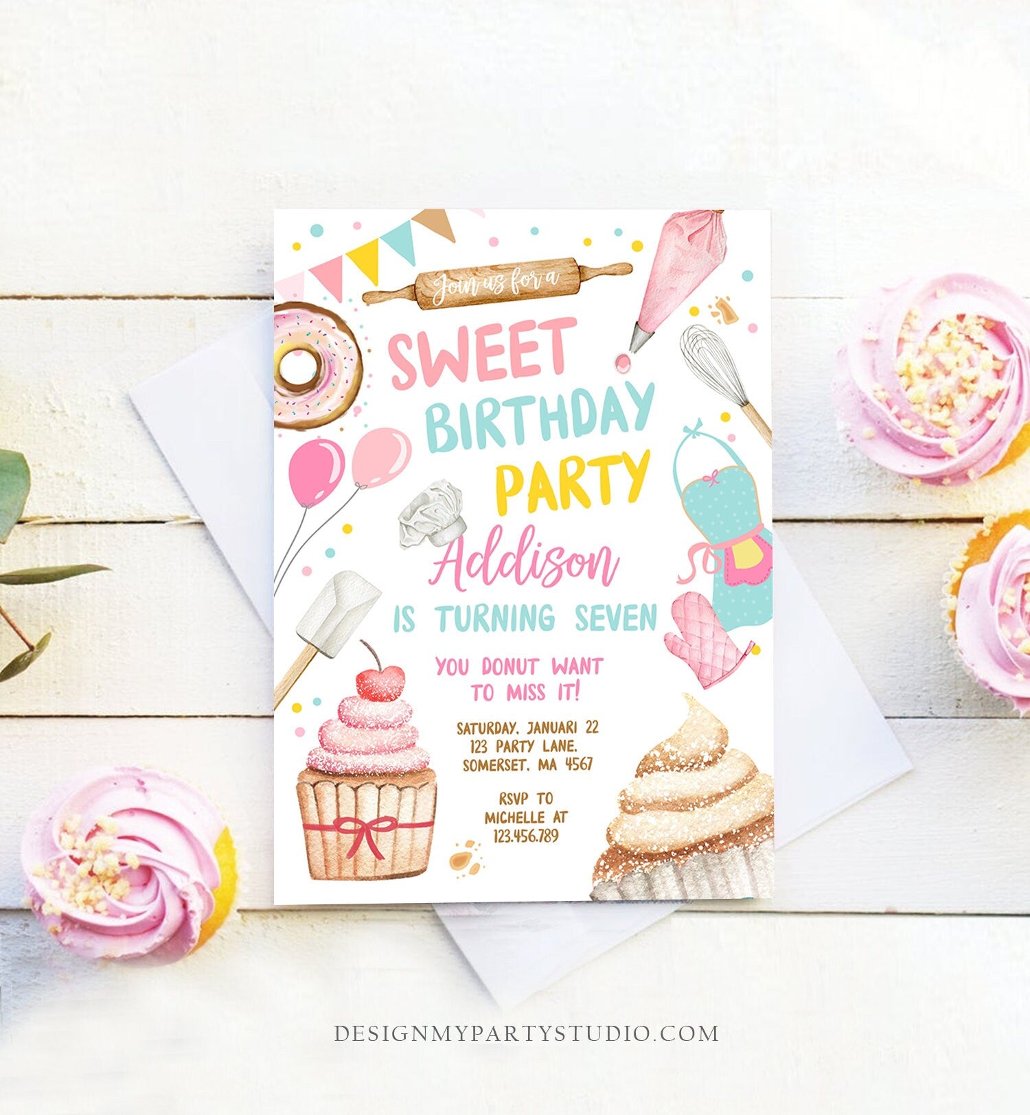 Editable Sweet Birthday Party Invitation Kids Baking Birthday Cupcake Donut Party Girl Sweet One Download Printable Corjl Template 0364