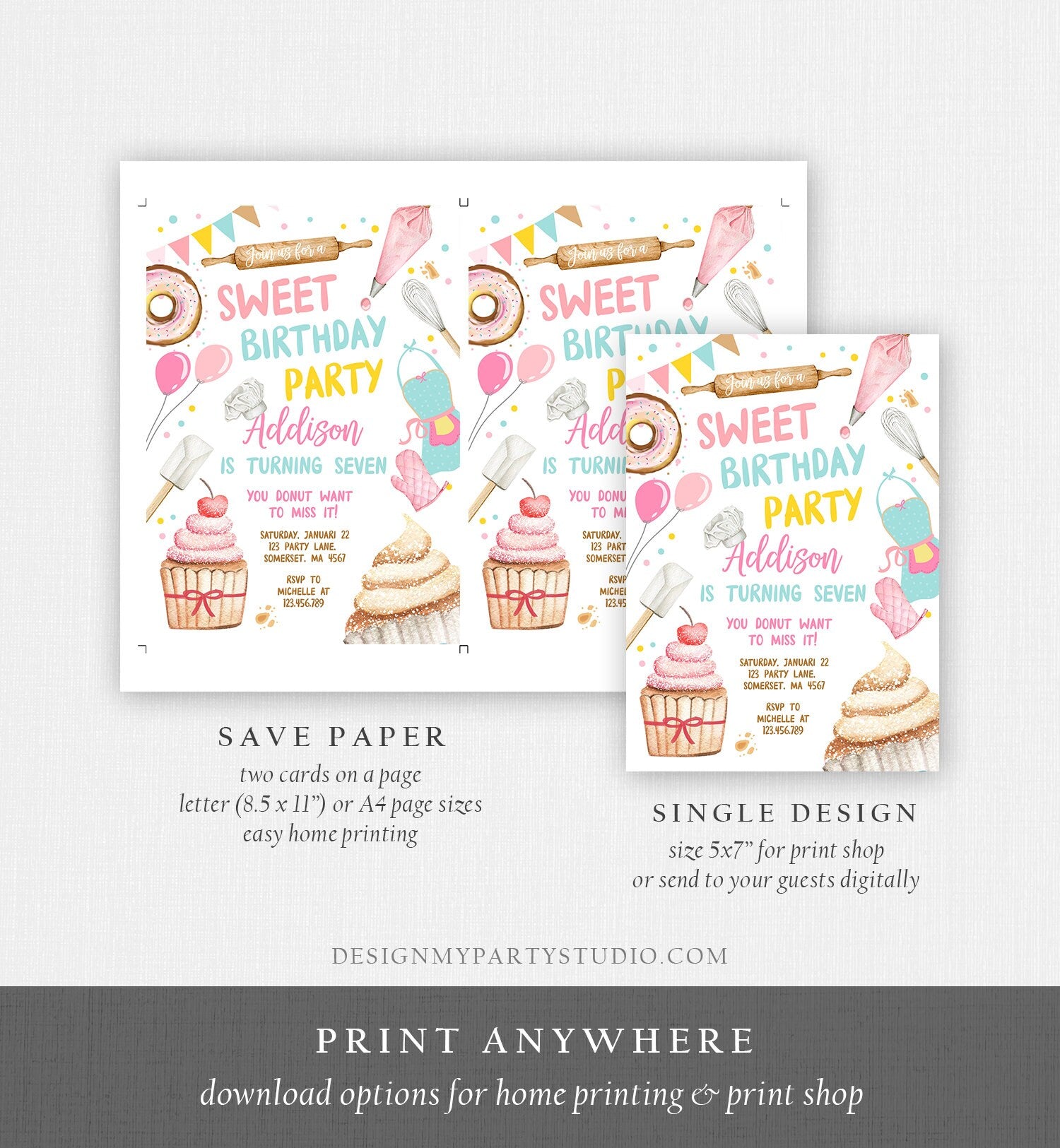 Editable Sweet Birthday Party Invitation Kids Baking Birthday Cupcake Donut Party Girl Sweet One Download Printable Corjl Template 0364