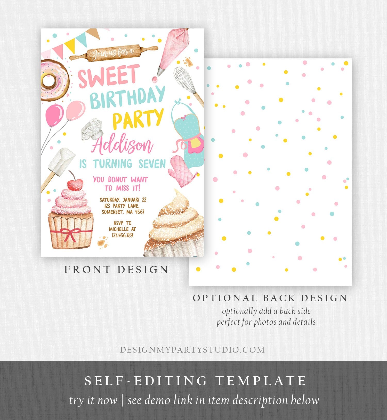 Editable Sweet Birthday Party Invitation Kids Baking Birthday Cupcake Donut Party Girl Sweet One Download Printable Corjl Template 0364