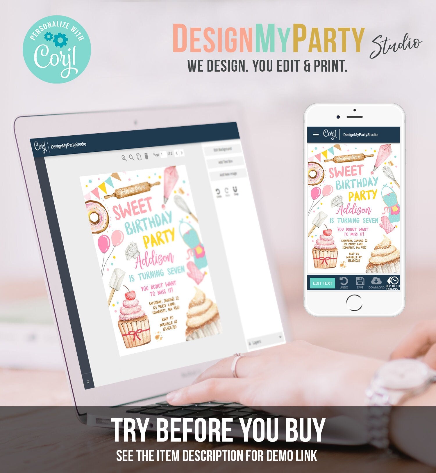 Editable Sweet Birthday Party Invitation Kids Baking Birthday Cupcake Donut Party Girl Sweet One Download Printable Corjl Template 0364