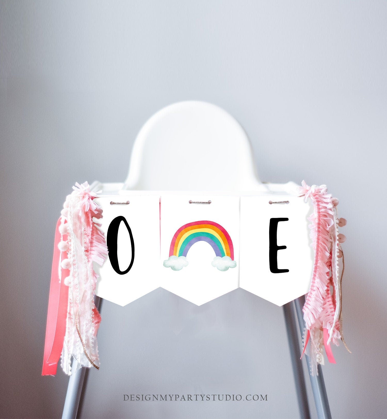 Rainbow High Chair Banner Rainbow 1st First Birthday Girl Boy High Chair ONE Banner Party Decor Neutral Colorful PRINTABLE Digital 0272