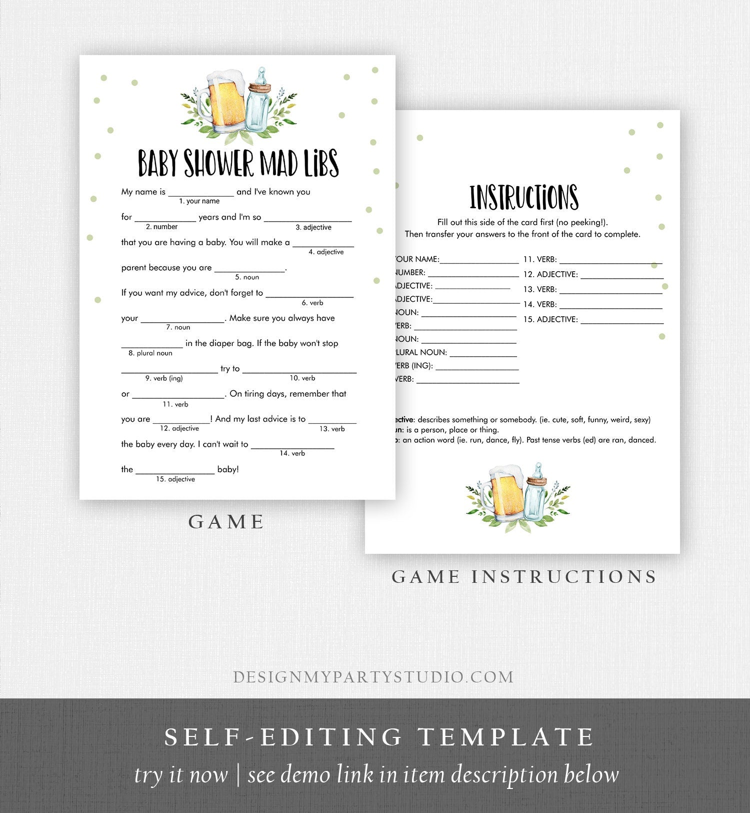 Editable Mad Libs Baby Shower Game Greenery Advice Mom to Be Baby is Brewing Shower Activity Beer Bottle Corjl Template Printable 0190