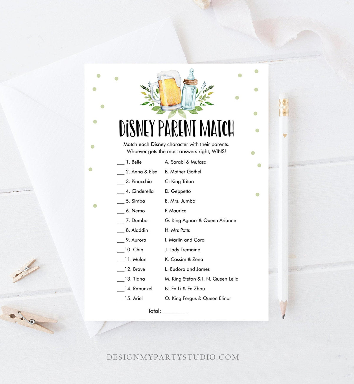 Editable Disney Parent Match Baby Shower Game Parents Names Game Greenery Baby is Brewing Shower Activity Beer Corjl Template Printable 0190