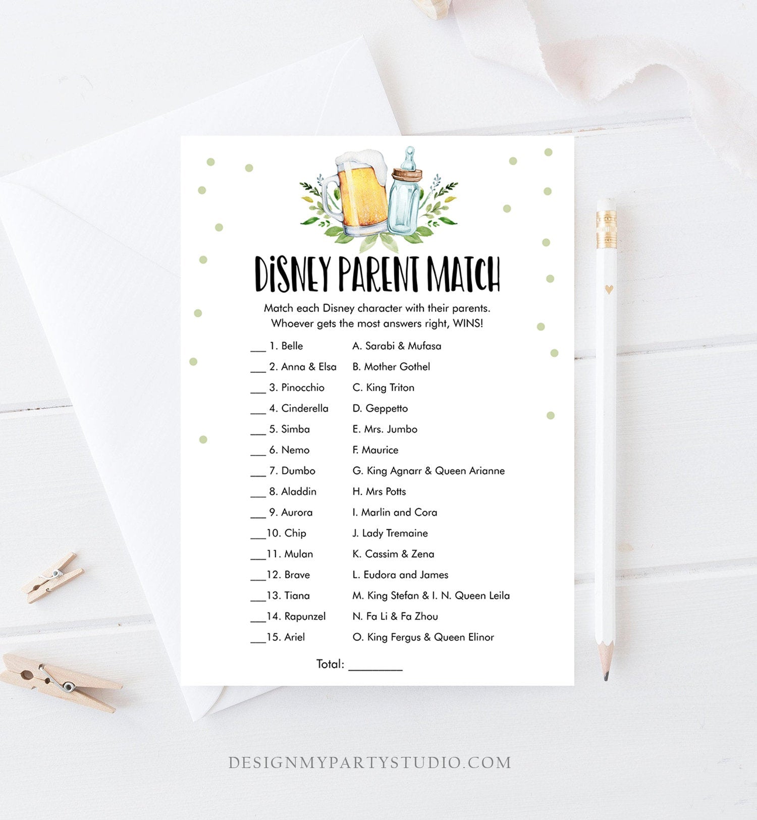 Editable Disney Parent Match Baby Shower Game Parents Names Game Greenery Baby is Brewing Shower Activity Beer Corjl Template Printable 0190