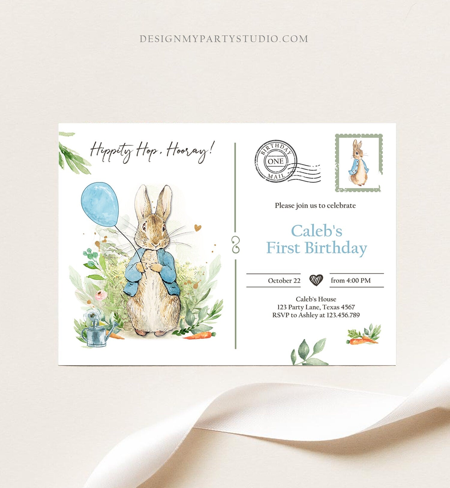 Editable Peter Rabbit Birthday Invitation Boy Blue Rustic Peter Rabbit 1st Birthday Invite Postcard Digital Corjl Template Printable 0351