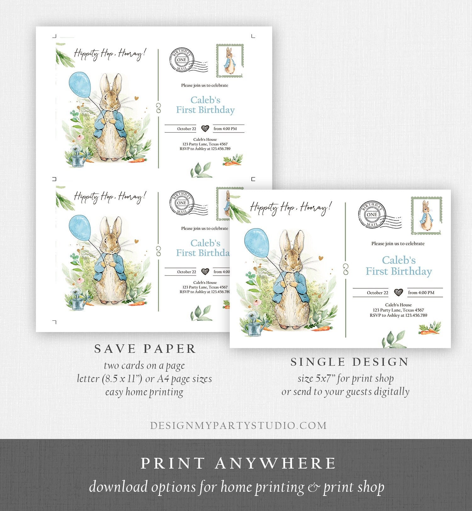 Editable Peter Rabbit Birthday Invitation Boy Blue Rustic Peter Rabbit 1st Birthday Invite Postcard Digital Corjl Template Printable 0351