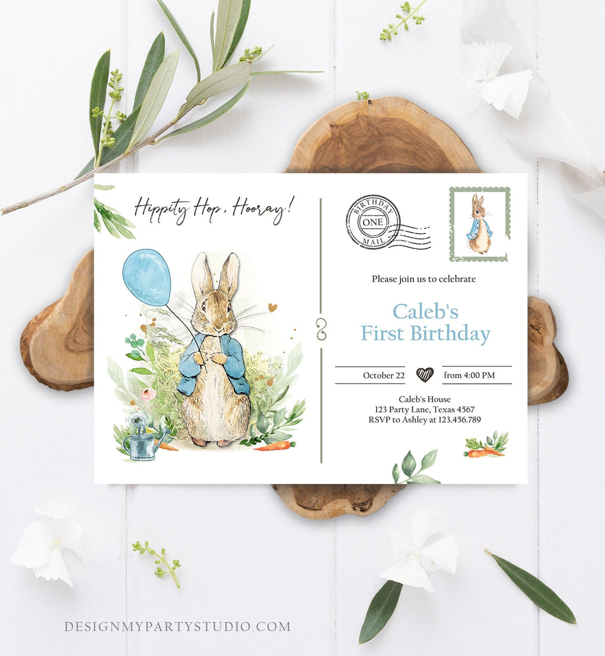 Editable Peter Rabbit Birthday Invitation Boy Blue Rustic Peter Rabbit 1st Birthday Invite Postcard Digital Corjl Template Printable 0351