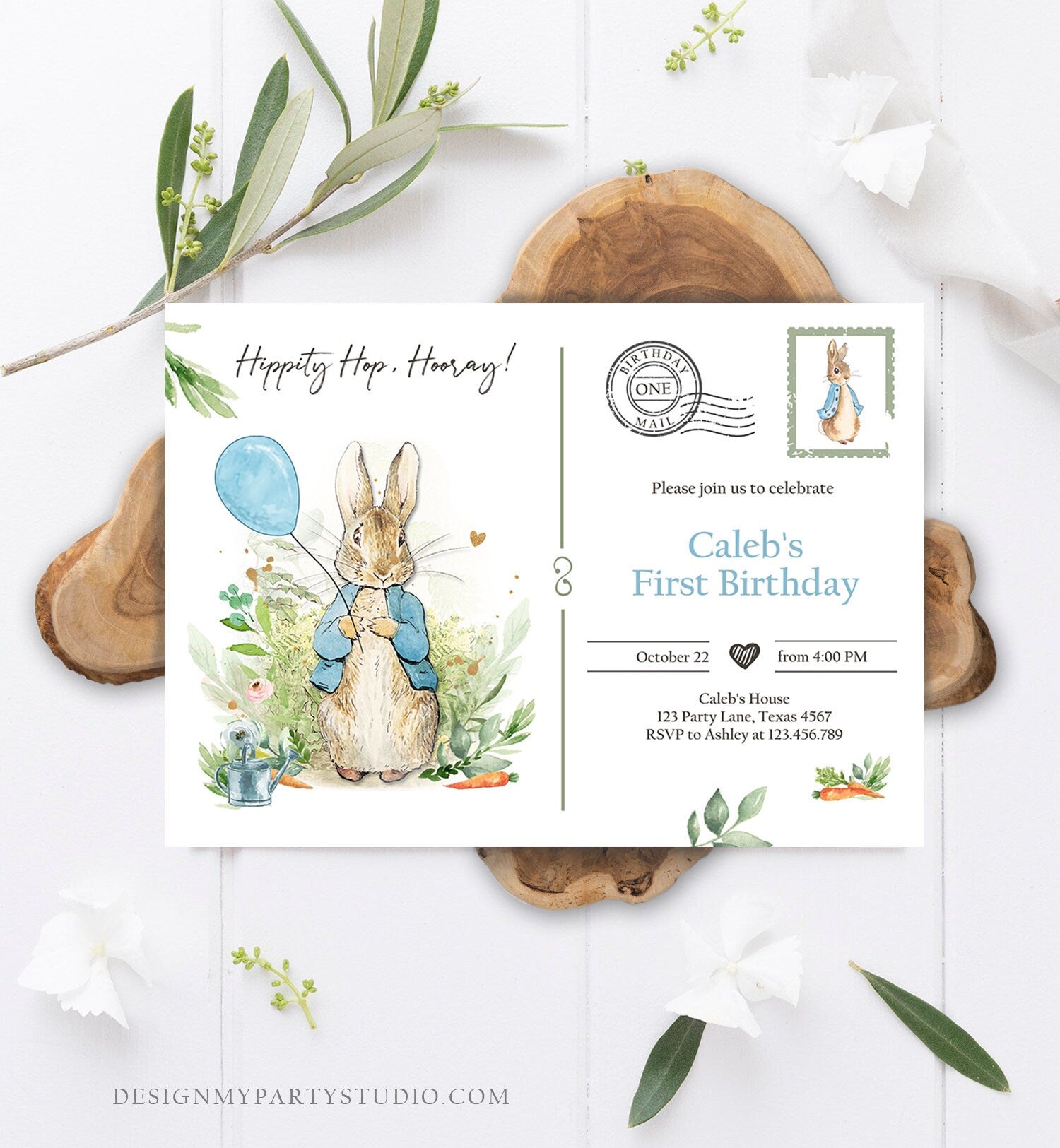 Editable Peter Rabbit Birthday Invitation Boy Blue Rustic Peter Rabbit 1st Birthday Invite Postcard Digital Corjl Template Printable 0351