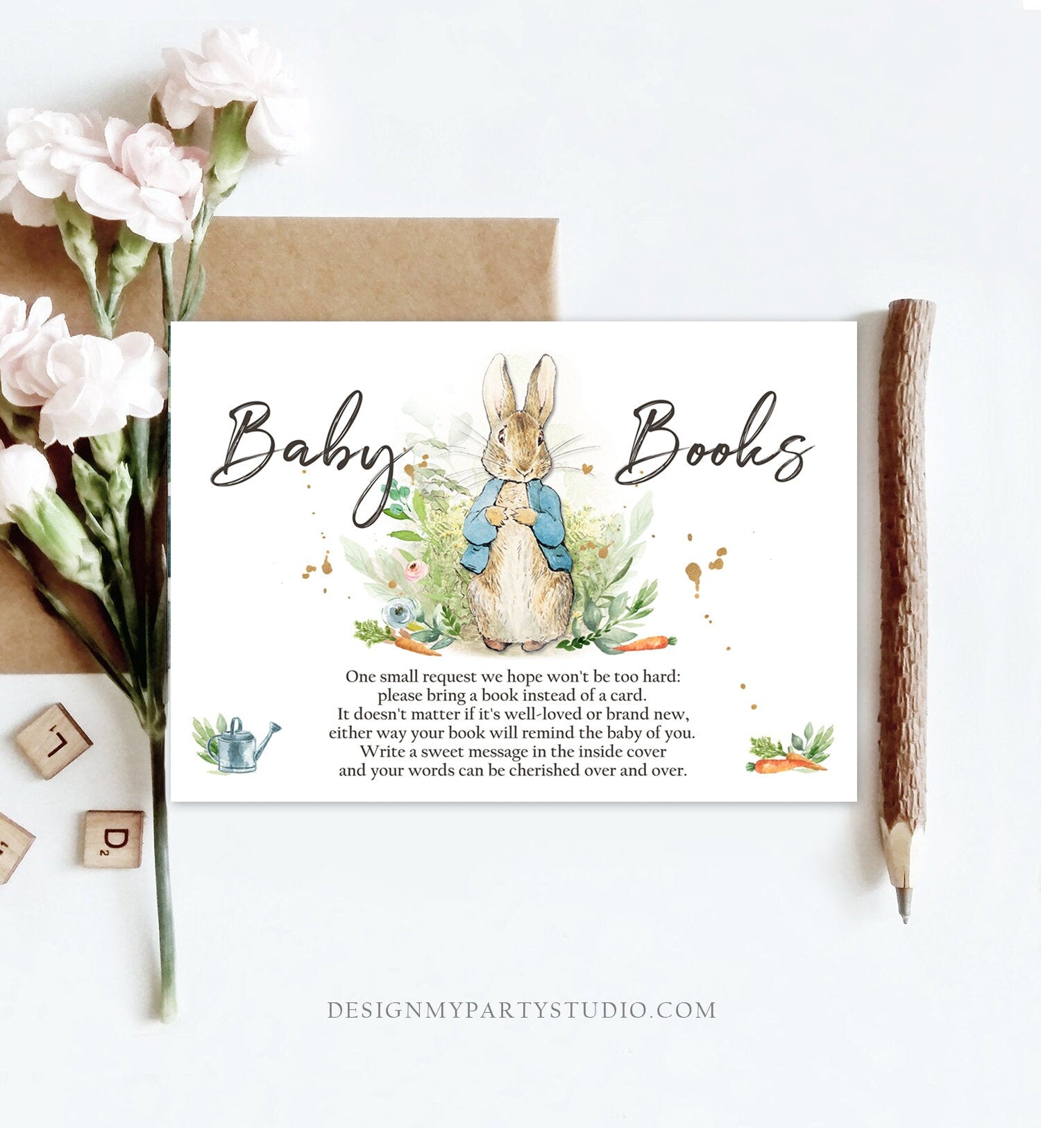 Editable Peter Rabbit Bring a Book Card Peter Rabbit Baby Shower Book Insert Books for Baby Boy Spring Rustic Template PRINTABLE Corjl 0351