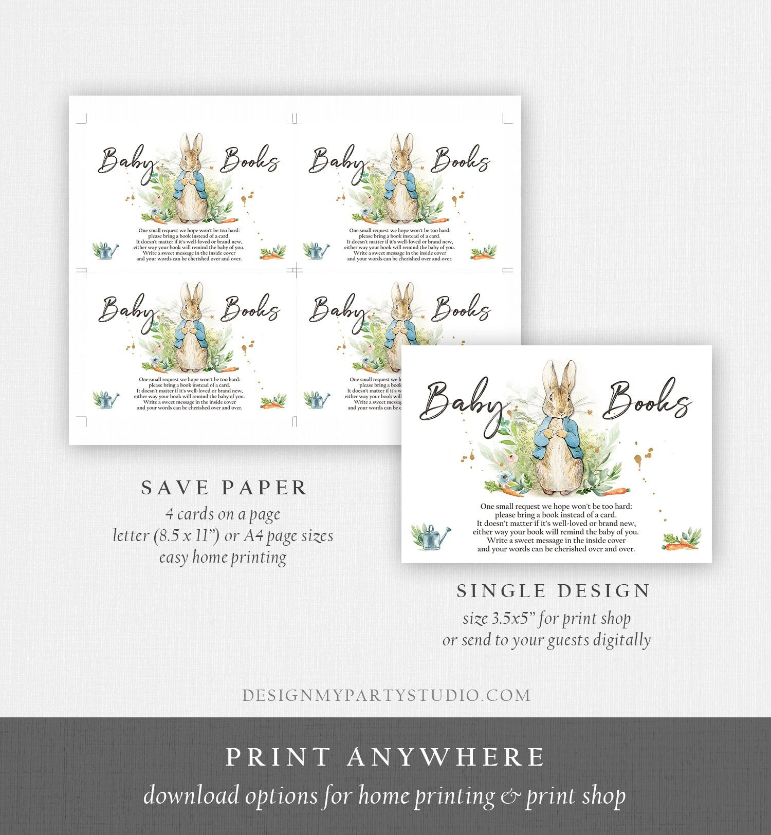 Editable Peter Rabbit Bring a Book Card Peter Rabbit Baby Shower Book Insert Books for Baby Boy Spring Rustic Template PRINTABLE Corjl 0351