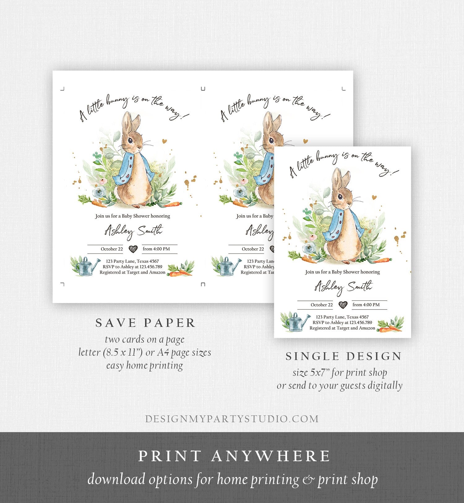 Editable Peter Rabbit Baby Shower Invitation Boy Blue Rustic Peter Rabbit Invitation Spring Sprinkle Digital Corjl Template Printable 0351