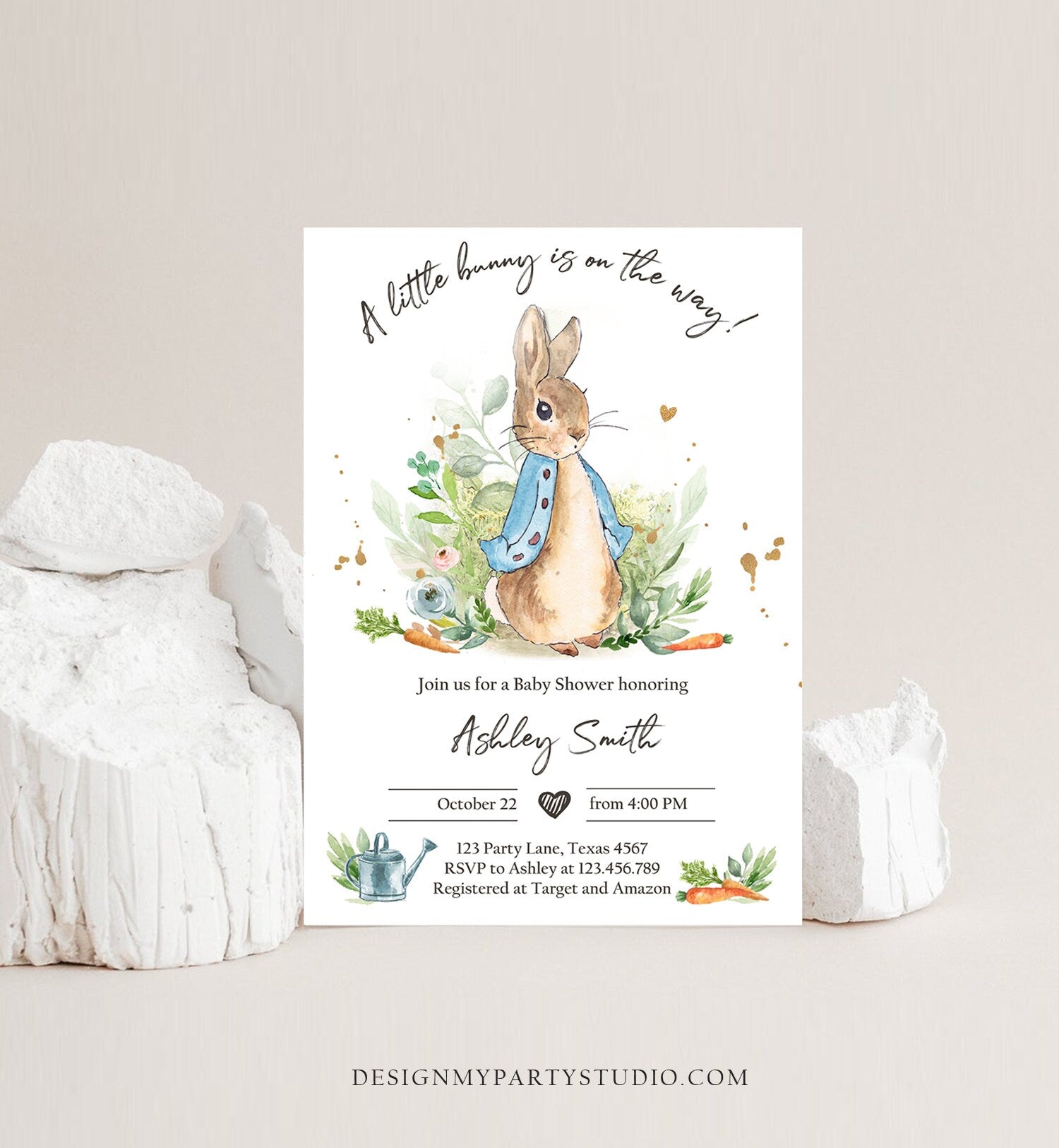 Editable Peter Rabbit Baby Shower Invitation Boy Blue Rustic Peter Rabbit Invitation Spring Sprinkle Digital Corjl Template Printable 0351