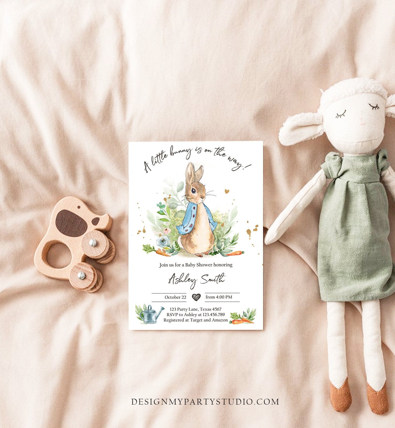 Editable Peter Rabbit Baby Shower Invitation Boy Blue Rustic Peter Rabbit Invitation Spring Sprinkle Digital Corjl Template Printable 0351