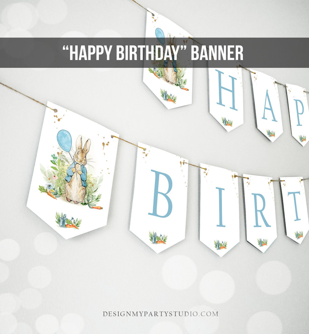 Peter Rabbit Happy Birthday Banner Peter Rabbit Banner Birthday Boy Blue Bunny Party Decorations Instant download PRINTABLE DIGITAL DIY 0351