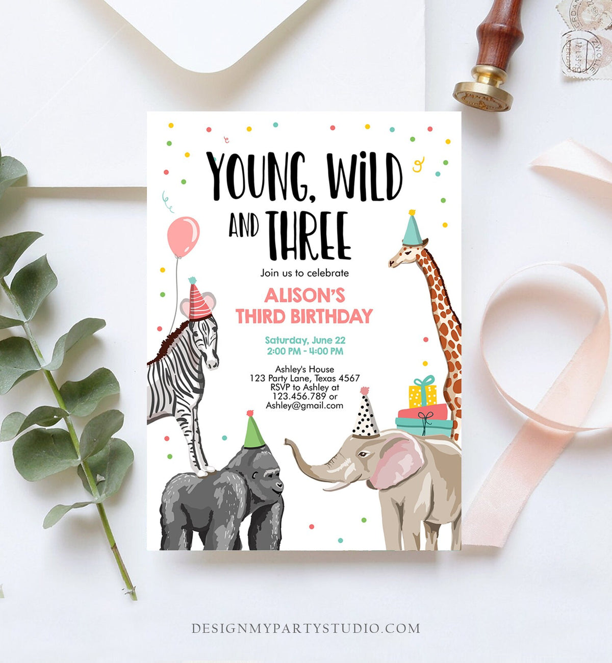 Editable Young Wild and Three Birthday Invitation Animals Invite Party Jungle Safari Pink Girl Download Printable Template Corjl 0142