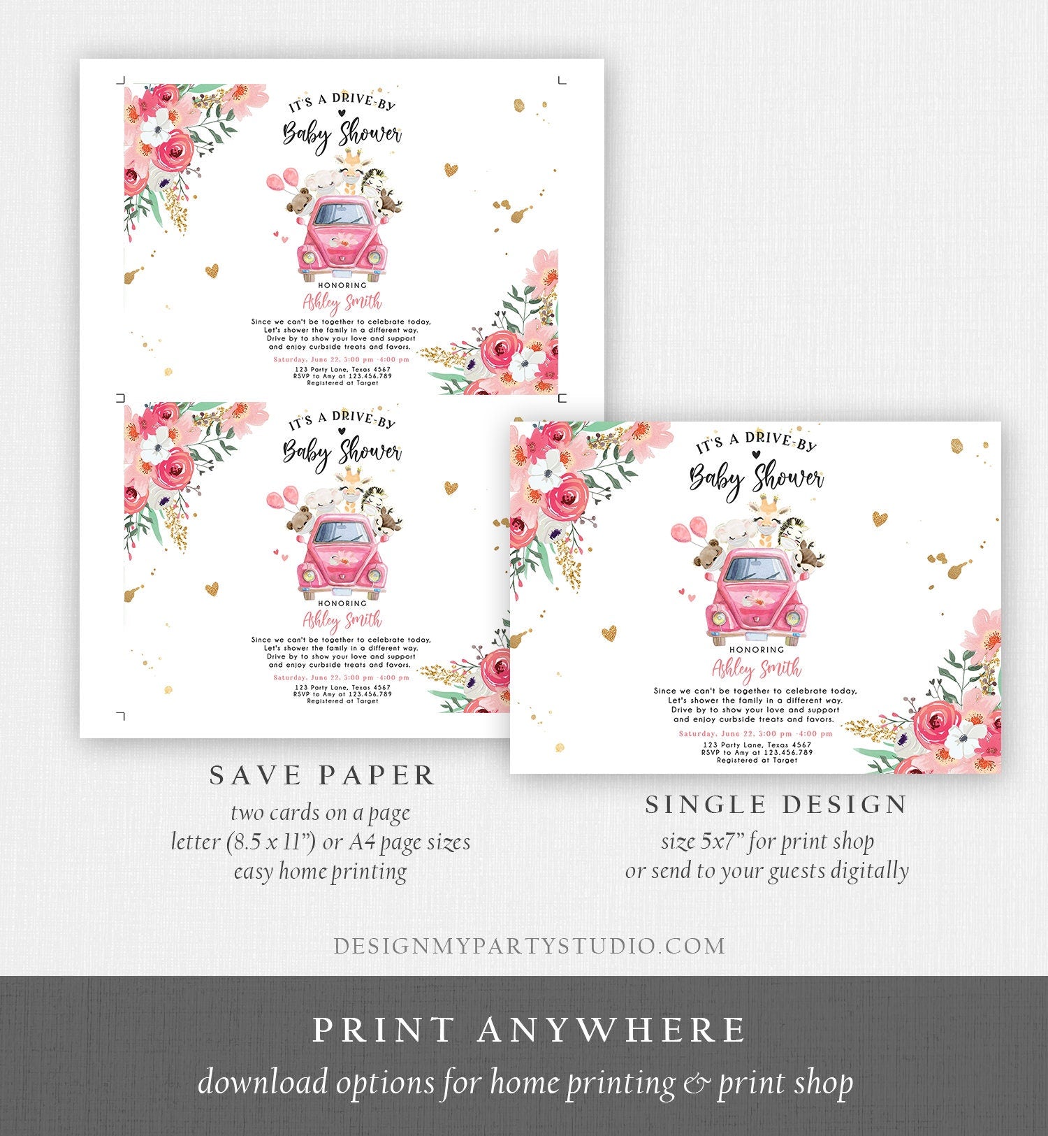 Editable Safari Drive By Baby Shower Invitation Pink Girl Baby Shower Invite Quarantine Drive Through Floral Template Download Corjl 0386