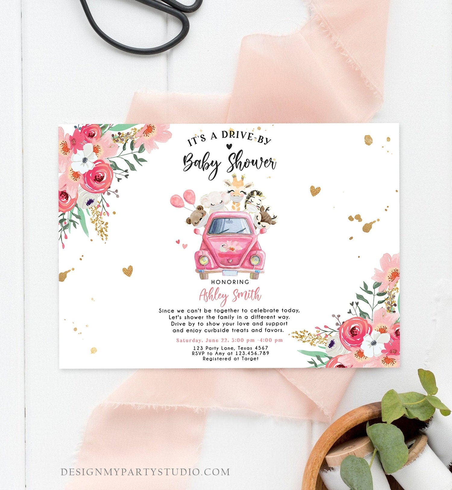 Editable Safari Drive By Baby Shower Invitation Pink Girl Baby Shower Invite Quarantine Drive Through Floral Template Download Corjl 0386