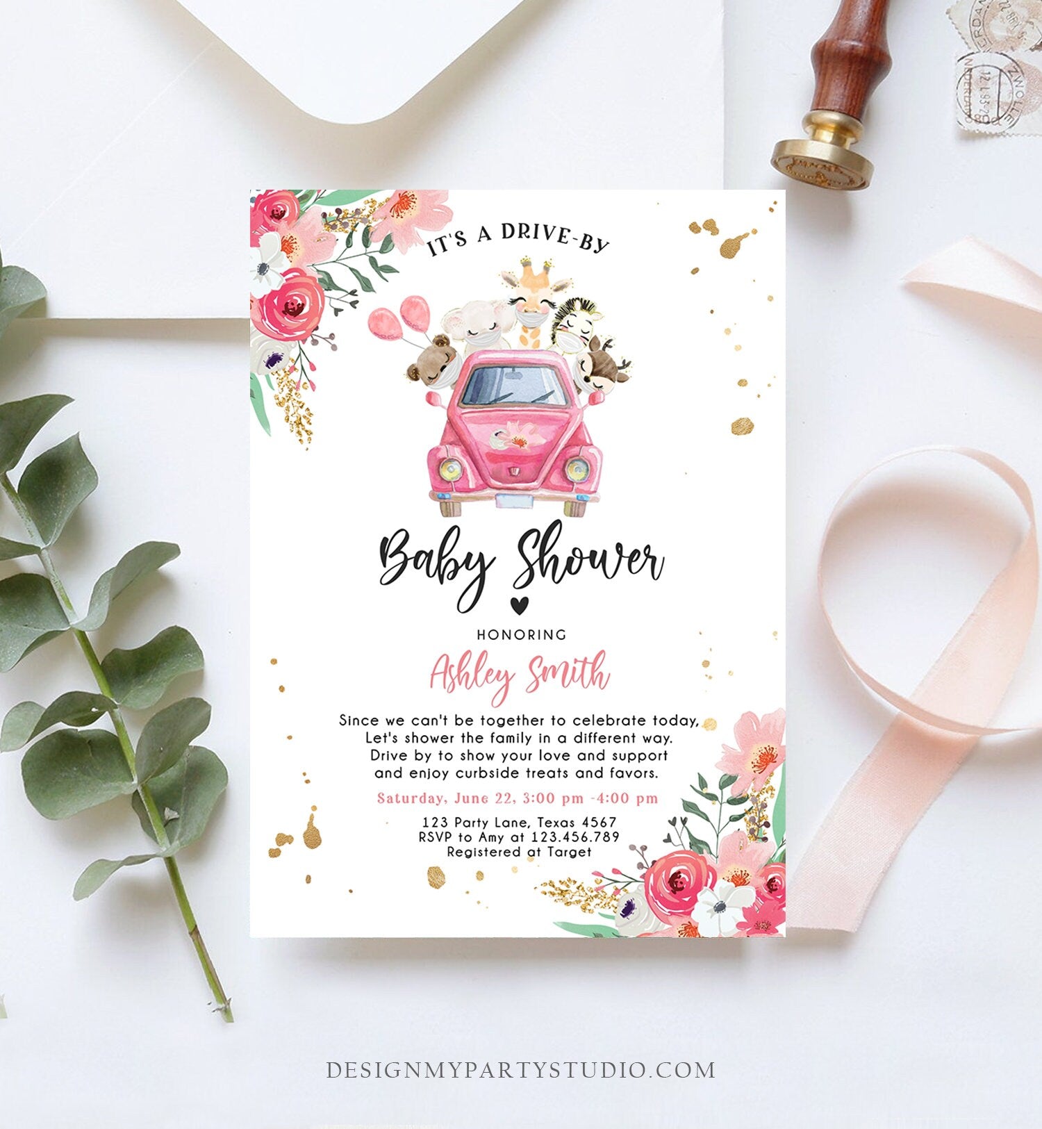 Editable Safari Drive By Baby Shower Invitation Pink Girl Baby Shower Invite Quarantine Drive Through Floral Template Download Corjl 0386