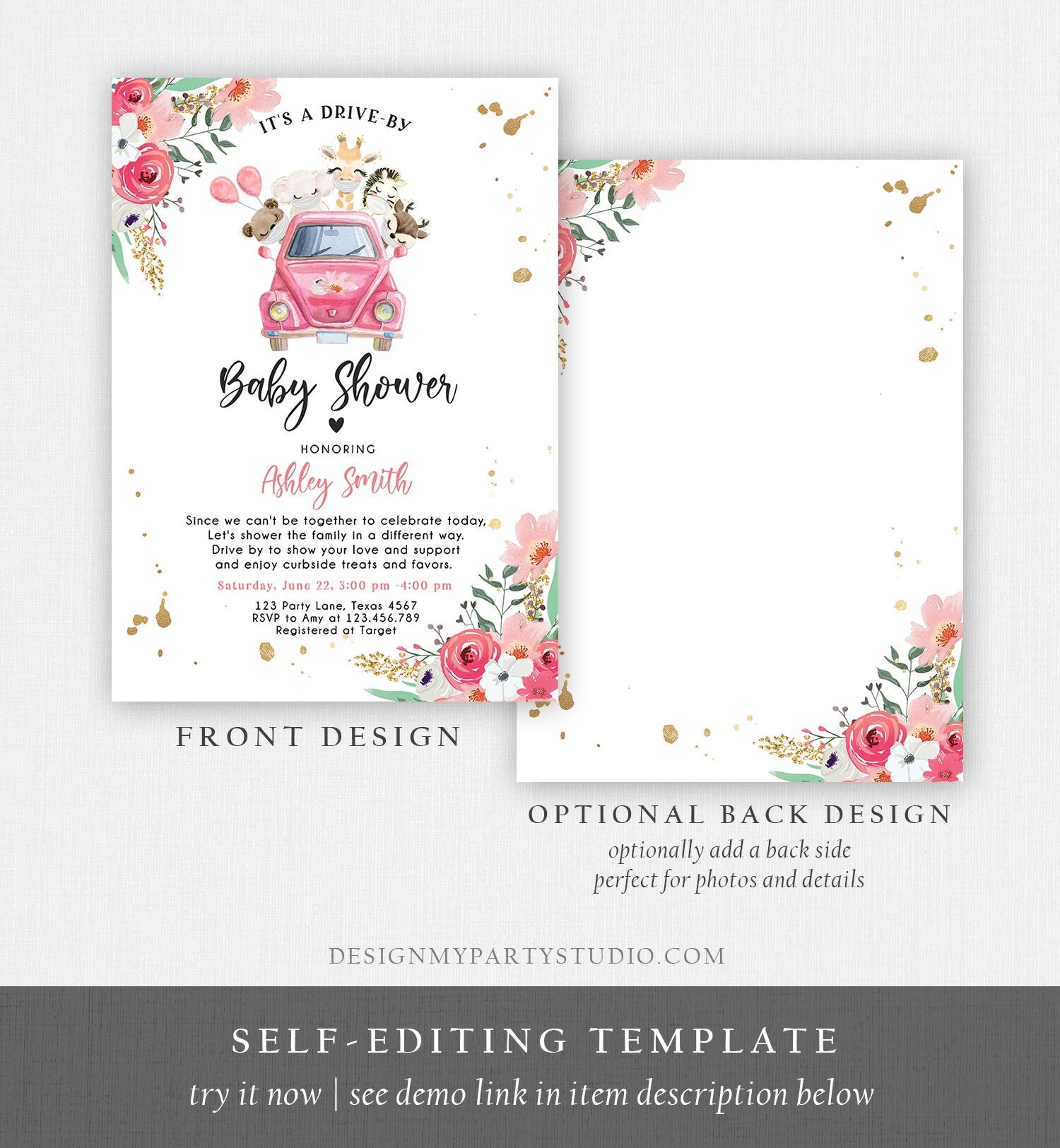 Editable Safari Drive By Baby Shower Invitation Pink Girl Baby Shower Invite Quarantine Drive Through Floral Template Download Corjl 0386