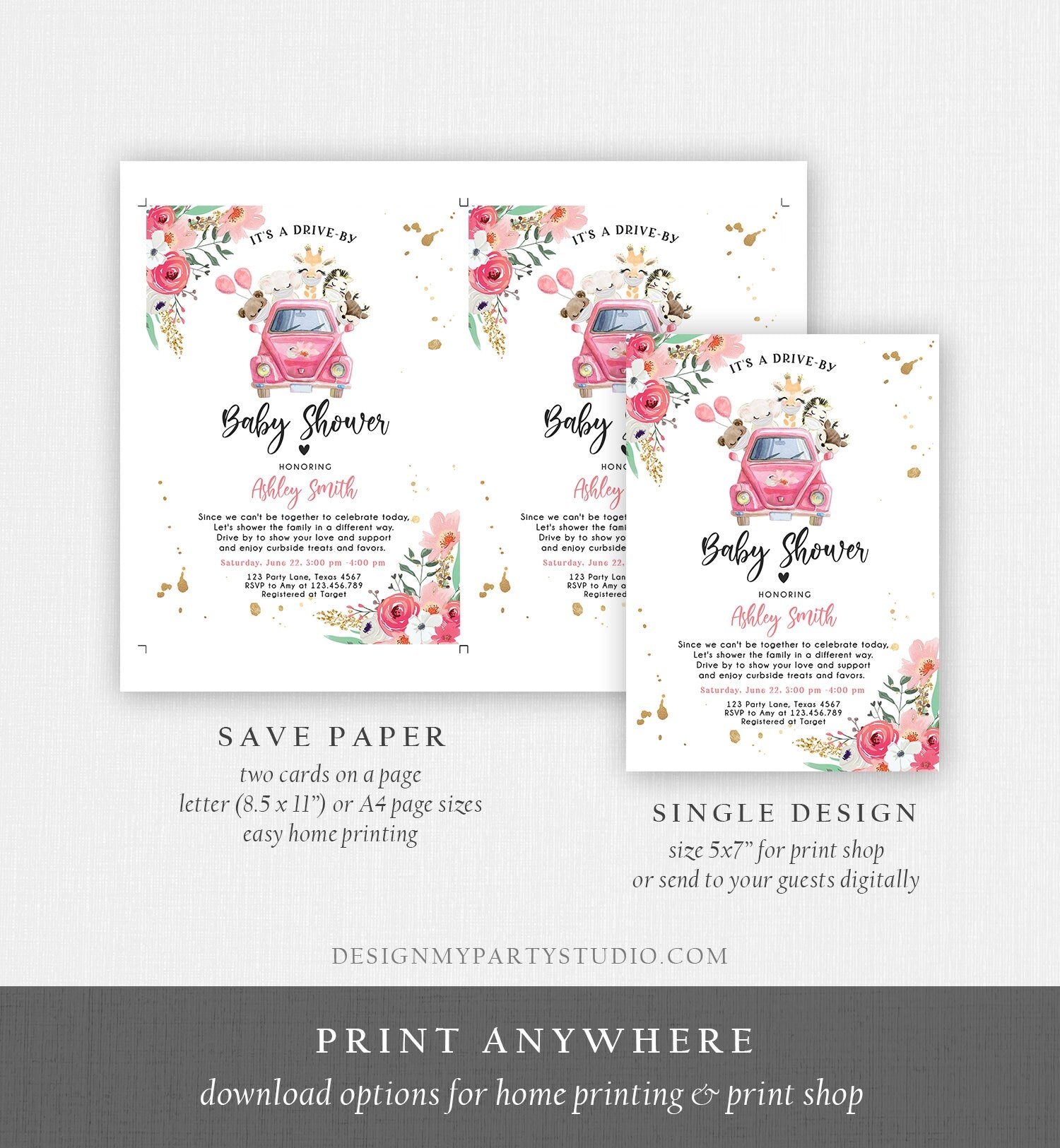 Editable Safari Drive By Baby Shower Invitation Pink Girl Baby Shower Invite Quarantine Drive Through Floral Template Download Corjl 0386