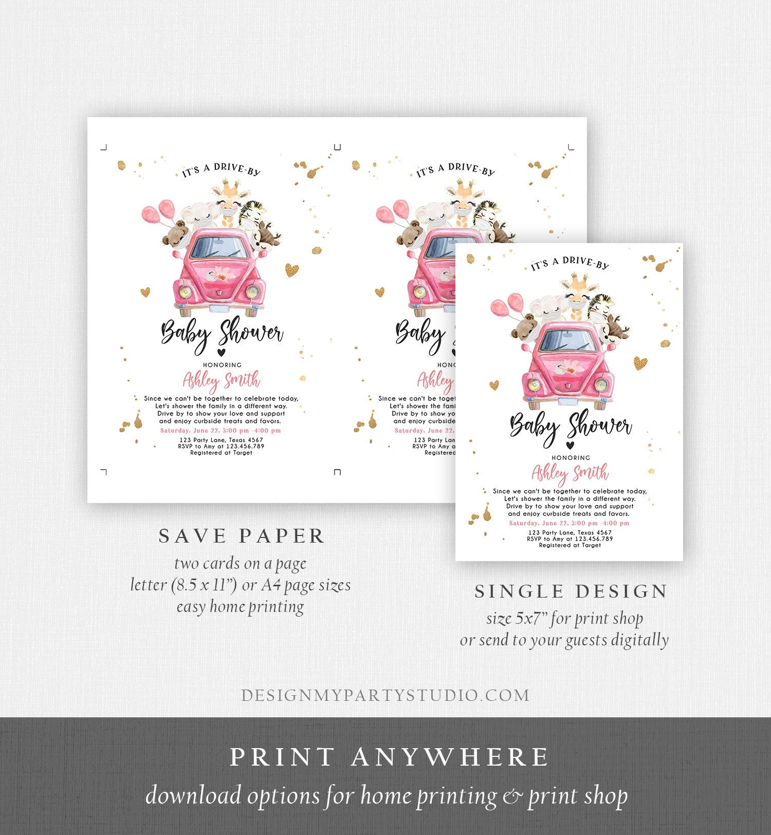 Editable Safari Drive By Baby Shower Invitation Pink Girl Baby Shower Invite Quarantine Drive Through Floral Template Download Corjl 0386