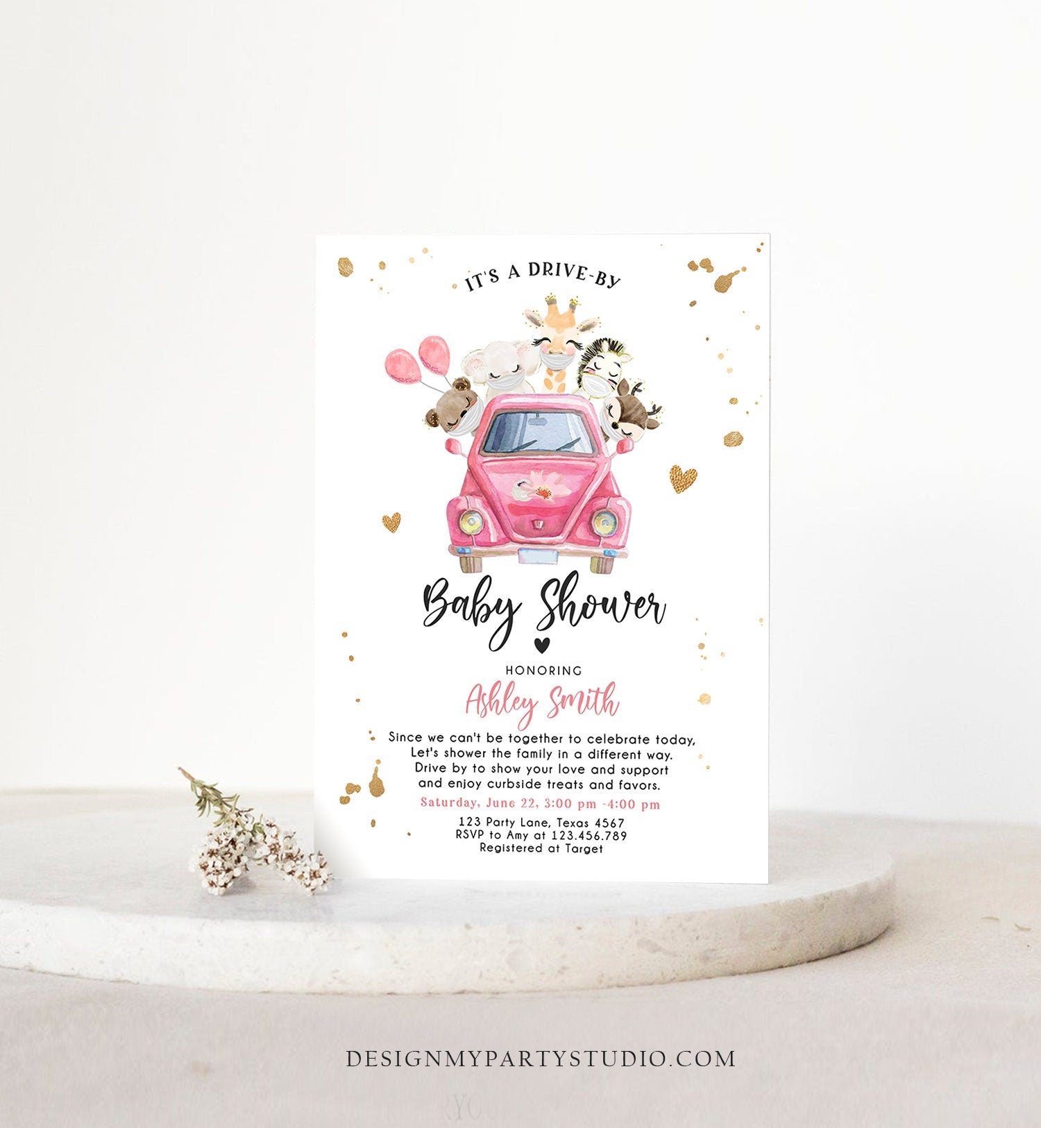 Editable Safari Drive By Baby Shower Invitation Pink Girl Baby Shower Invite Quarantine Drive Through Floral Template Download Corjl 0386