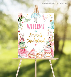 Editable Alice in Wonderland Welcome Sign Alice in Onederland Birthday Sign Girl Pink Mad Tea Party Shower Template Corjl PRINTABLE 0350